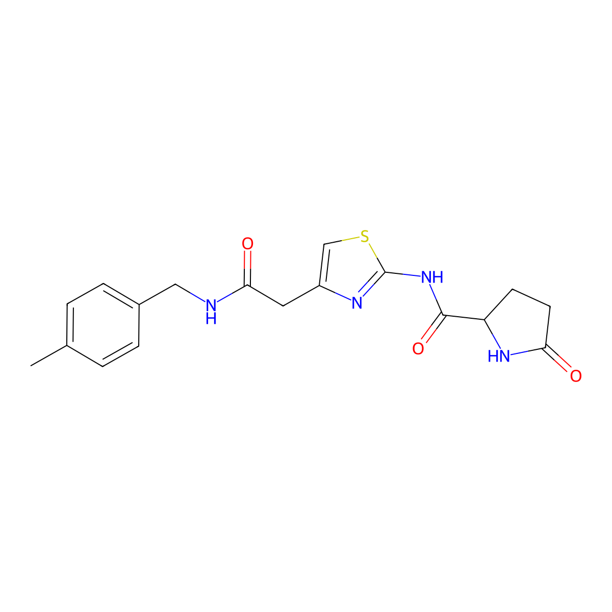 N-(4-(2-((4-methylbenzyl)amino)-2-oxoethyl)thiazol-2-yl)-5-oxopyrrolidine-2-carboxamide molecular structure, CAS 1105056-59-4
