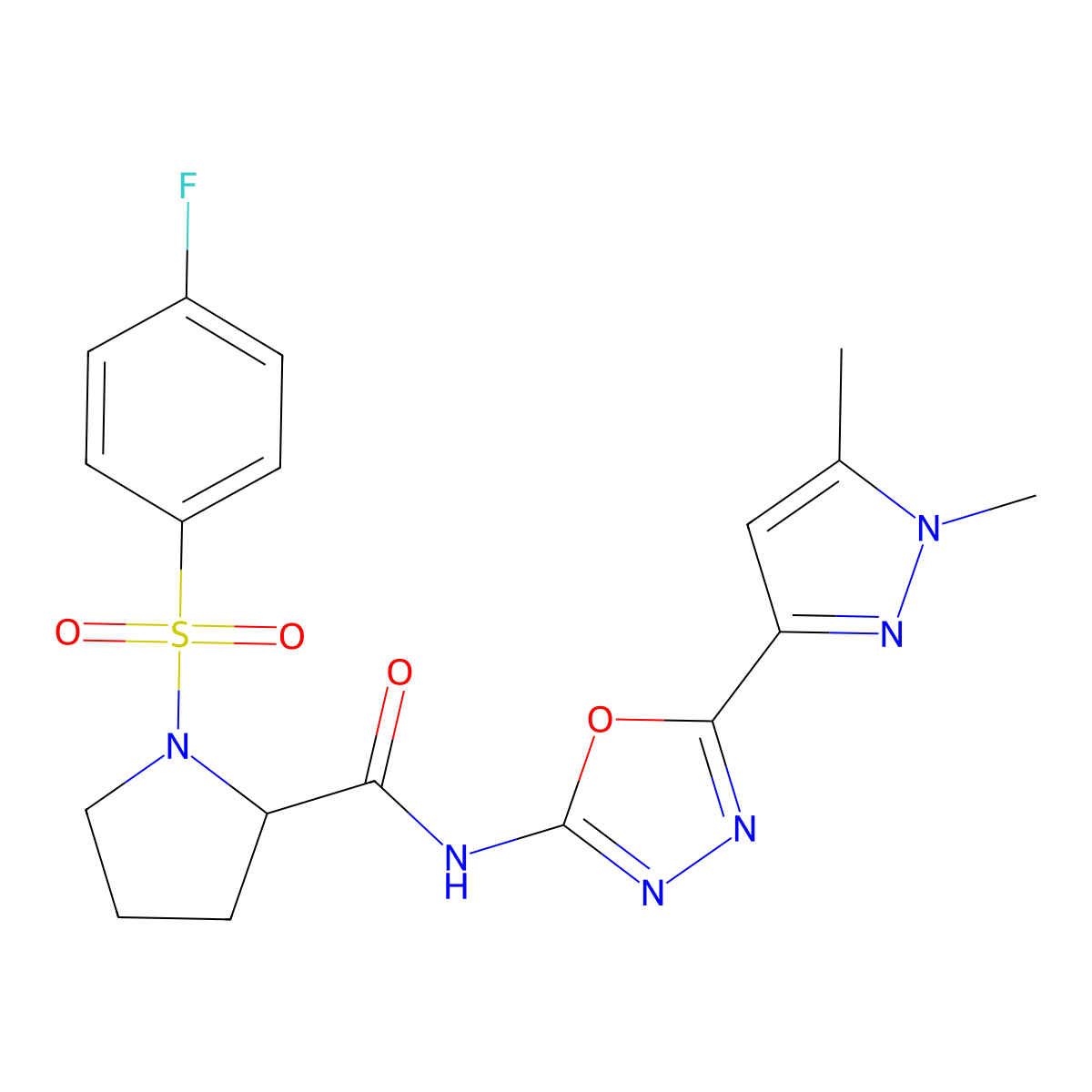 N-(5-(1,5-dimethyl-1H-pyrazol-3-yl)-1,3,4-oxadiazol-2-yl)-1-((4-fluorophenyl)sulfonyl)pyrrolidine-2-carboxamide molecular structure, CAS 1105056-60-7