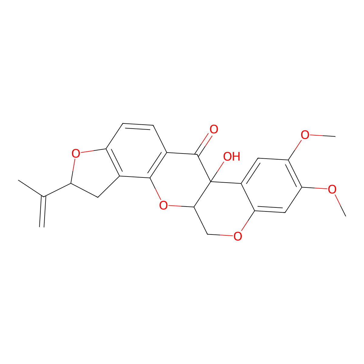 (1)Benzopyrano(3,4-b)furo(2,3-h)(1)benzopyran-6(6aH)-one,1,2,12,12a-tetrahydro-6a-hydroxy-8,9-dimethoxy-2-(1-methylethenyl)-, (2S-(2alpha,6aalpha,12aalpha))- molecular structure, CAS 110508-97-9