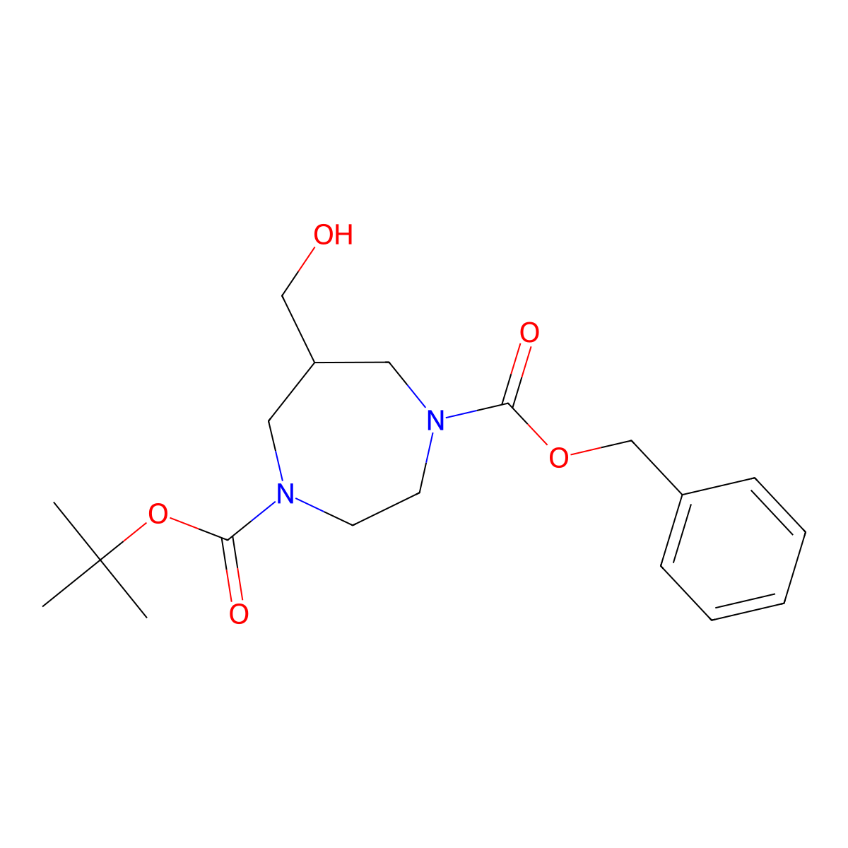Benzyl tert-butyl 6-(hydroxymethyl)-1,4-diazepane-1,4-dicarboxylate molecular structure, CAS 1105187-33-4