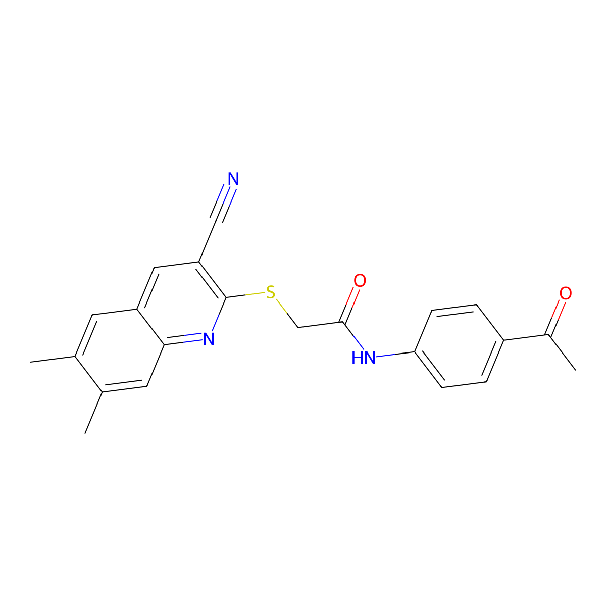 N-(4-Acetylphenyl)-2-[(3-cyano-6,7-dimethyl-2-quinolinyl)thio]acetamide molecular structure, CAS 1105189-16-9