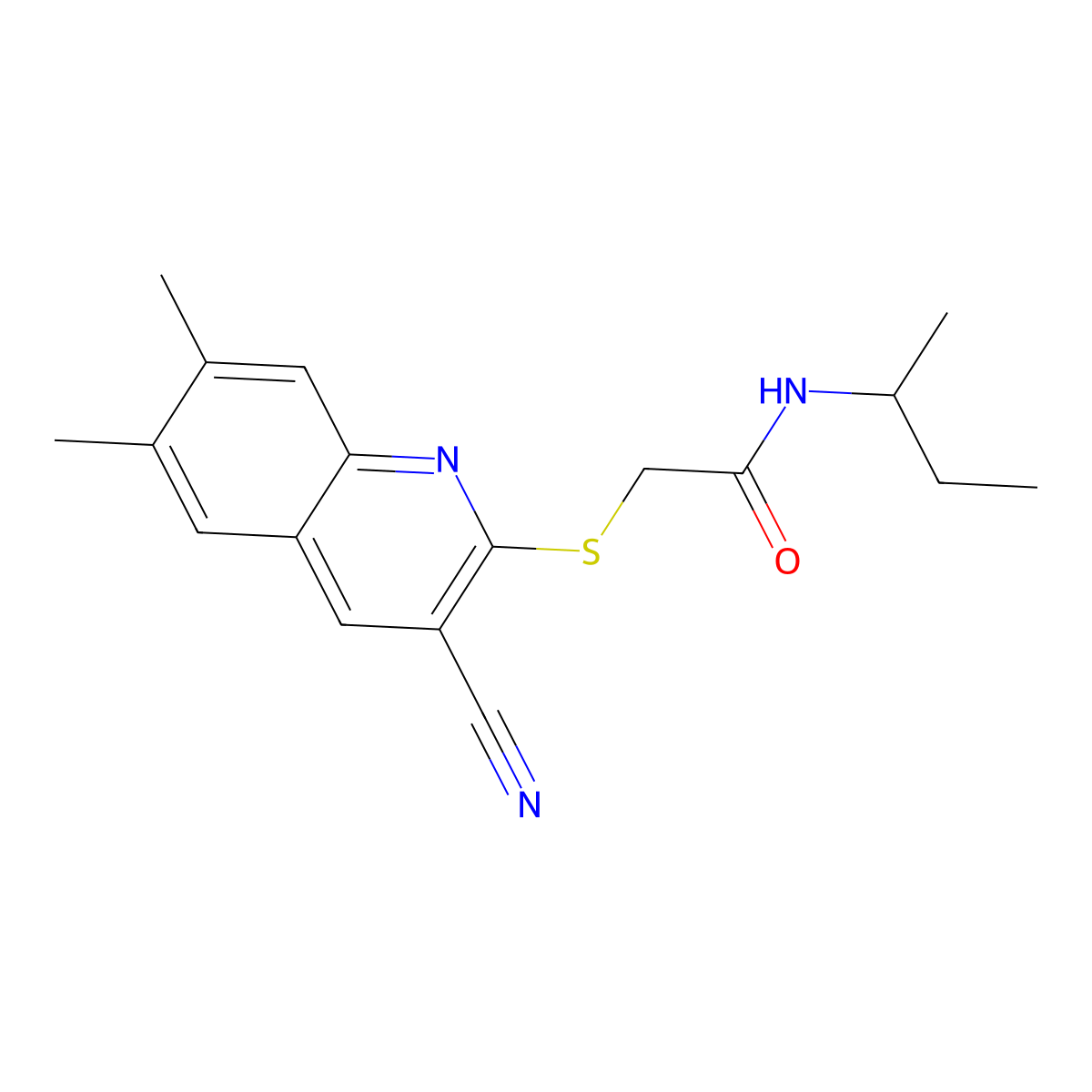 2-[(3-Cyano-6,7-dimethyl-2-quinolinyl)thio]-N-(1-methylpropyl)acetamide molecular structure, CAS 1105189-46-5