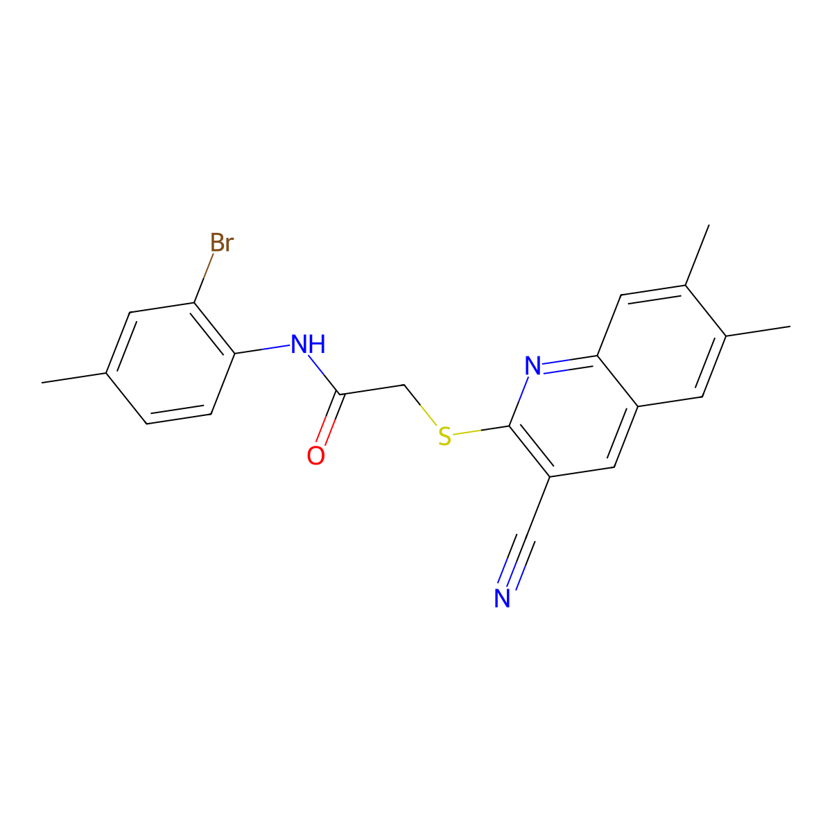 N-(2-Bromo-4-methylphenyl)-2-[(3-cyano-6,7-dimethyl-2-quinolinyl)thio]acetamide molecular structure, CAS 1105189-58-9