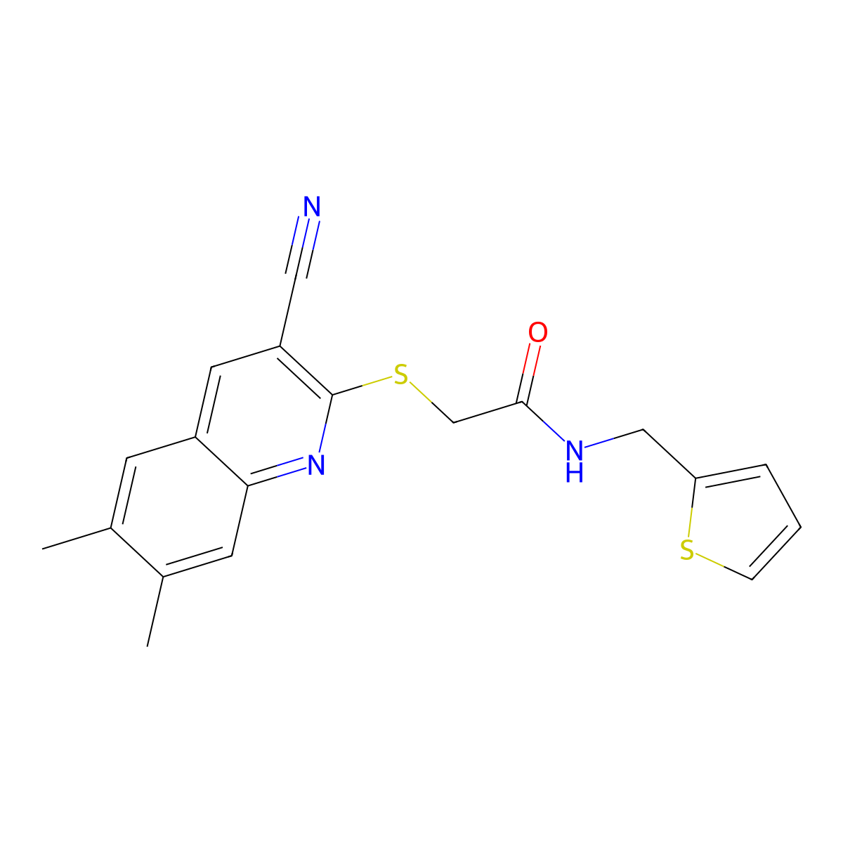 2-[(3-Cyano-6,7-dimethyl-2-quinolinyl)thio]-N-(2-thienylmethyl)acetamide molecular structure, CAS 1105189-66-9