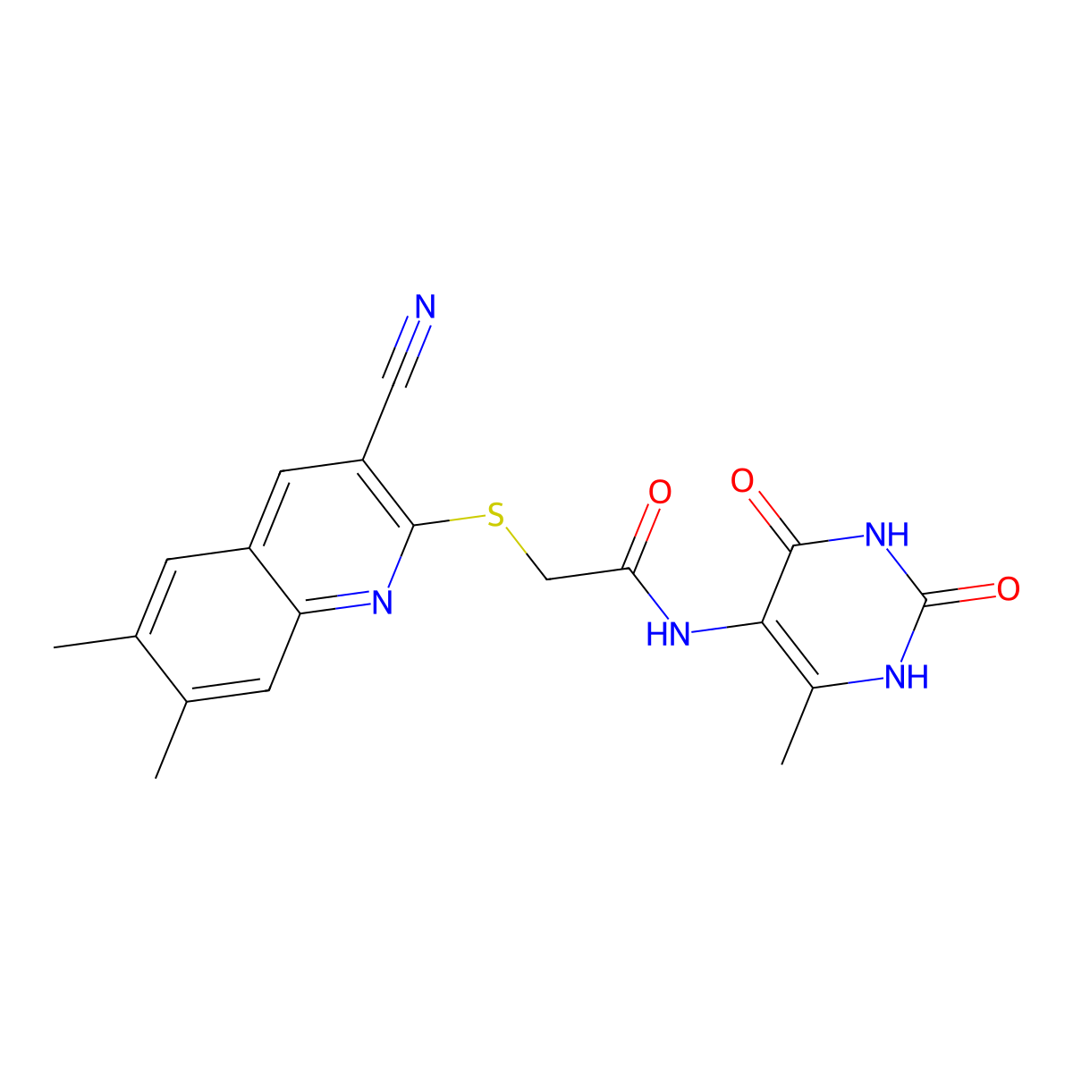 2-[(3-Cyano-6,7-dimethyl-2-quinolinyl)thio]-N-(1,2,3,4-tetrahydro-6-methyl-2,4-dioxo-5-pyrimidinyl)acetamide molecular structure, CAS 1105189-82-9