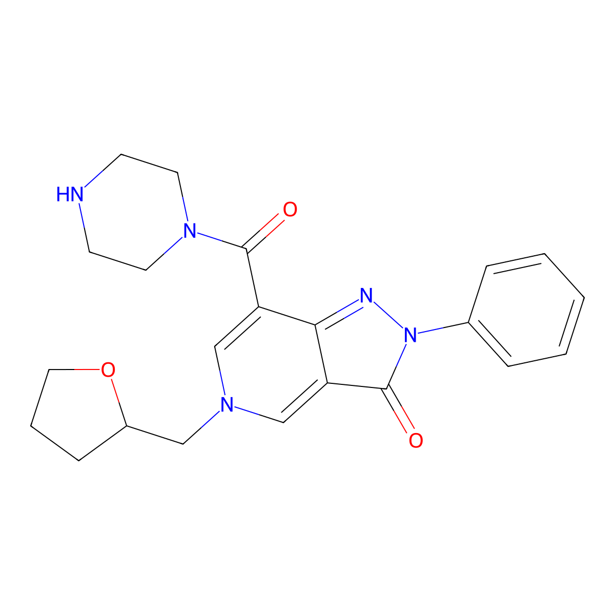 5-(Oxolan-2-ylmethyl)-2-phenyl-7-(piperazine-1-carbonyl)pyrazolo[4,3-c]pyridin-3-one molecular structure, CAS 1105191-76-1