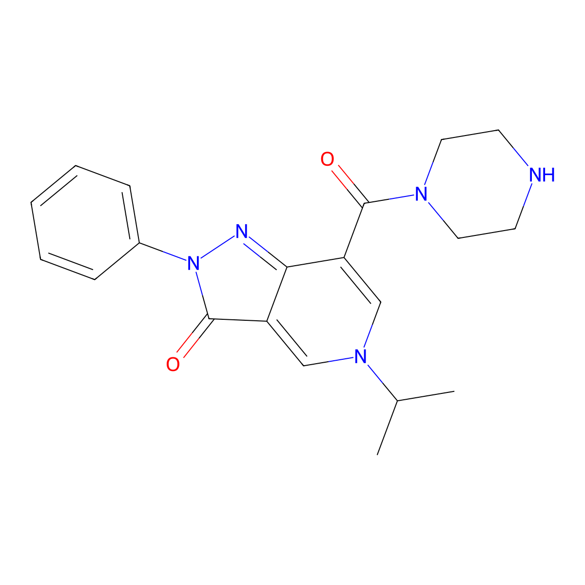 5-isopropyl-2-phenyl-7-(piperazine-1-carbonyl)-2H-pyrazolo[4,3-c]pyridin-3(5H)-one molecular structure, CAS 1105192-14-0