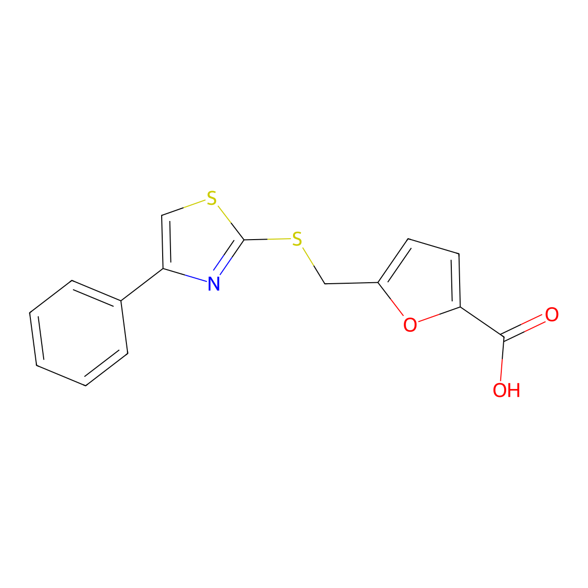 5-(((4-Phenylthiazol-2-yl)thio)methyl)furan-2-carboxylic acid molecular structure, CAS 1105193-43-8