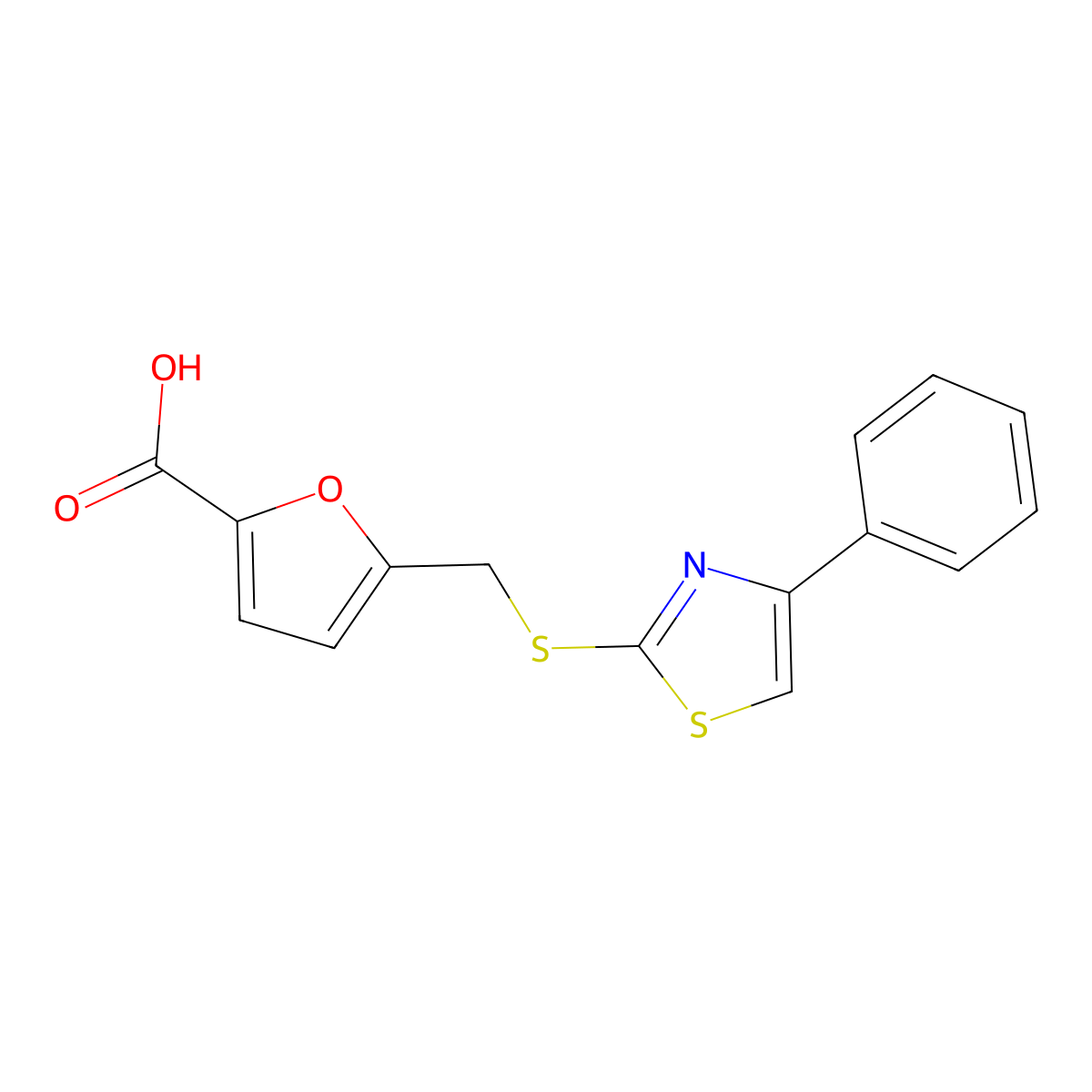 5-(((4-Phenylthiazol-2-yl)thio)methyl)furan-2-carboxylic acid molecular structure, CAS 1105193-43-8