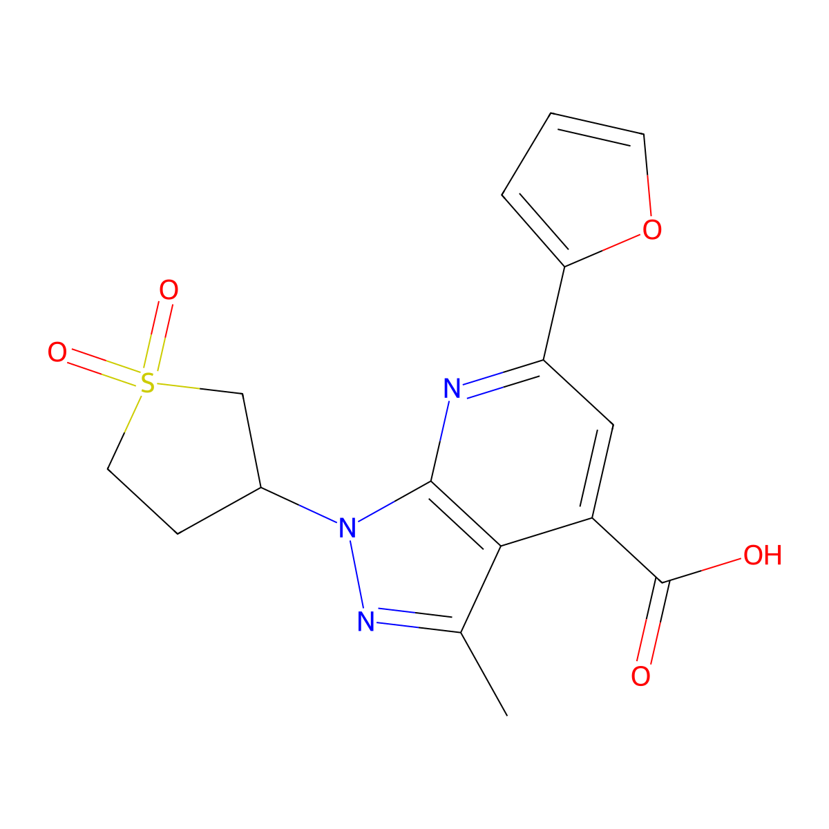 1-(1,1-dioxidotetrahydrothiophen-3-yl)-6-(furan-2-yl)-3-methyl-1H-pyrazolo[3,4-b]pyridine-4-carboxylic acid molecular structure, CAS 1105193-47-2