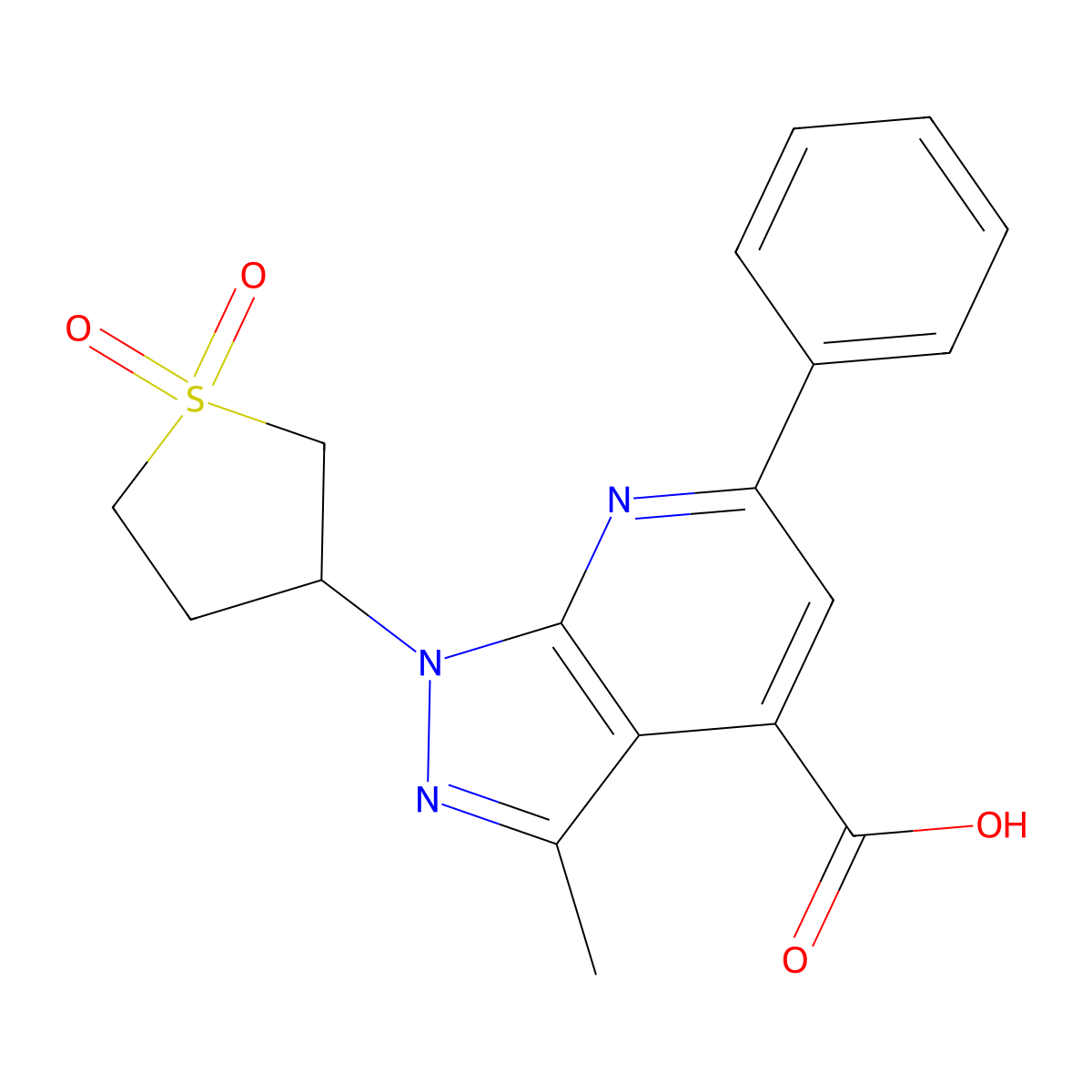 1-(1,1-dioxidotetrahydrothiophen-3-yl)-3-methyl-6-phenyl-1H-pyrazolo[3,4-b]pyridine-4-carboxylic acid molecular structure, CAS 1105193-62-1