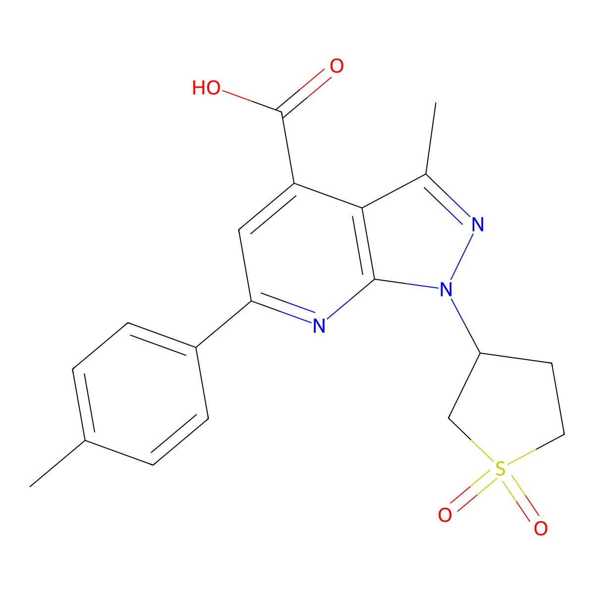 1-(1,1-Dioxo-tetrahydro-1lambda*6*-thiophen-3-yl)-3-methyl-6-p-tolyl-1H-pyrazolo[3,4-b]pyridine-4-carboxylic acid molecular structure, CAS 1105193-67-6