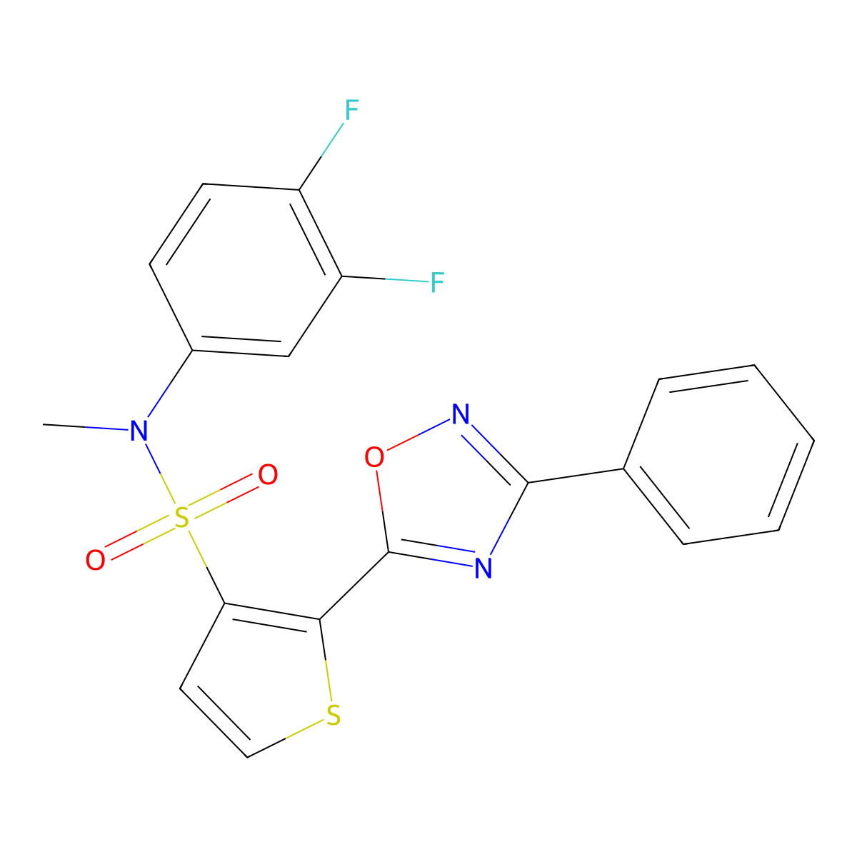 N-(3,4-difluorophenyl)-N-methyl-2-(3-phenyl-1,2,4-oxadiazol-5-yl)thiophene-3-sulfonamide molecular structure, CAS 1105196-56-2