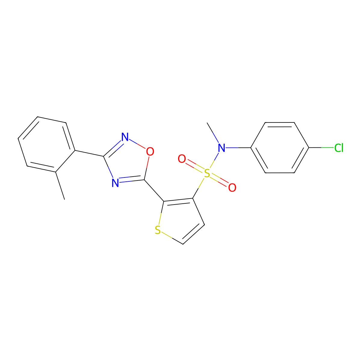 N-(4-chlorophenyl)-N-methyl-2-[3-(2-methylphenyl)-1,2,4-oxadiazol-5-yl]thiophene-3-sulfonamide molecular structure, CAS 1105196-71-1