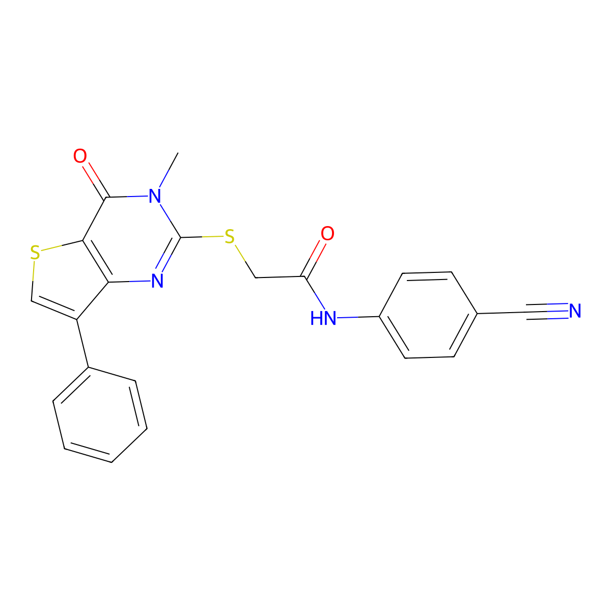 N-(4-cyanophenyl)-2-((3-methyl-4-oxo-7-phenyl-3,4-dihydrothieno[3,2-d]pyrimidin-2-yl)thio)acetamide molecular structure, CAS 1105196-84-6
