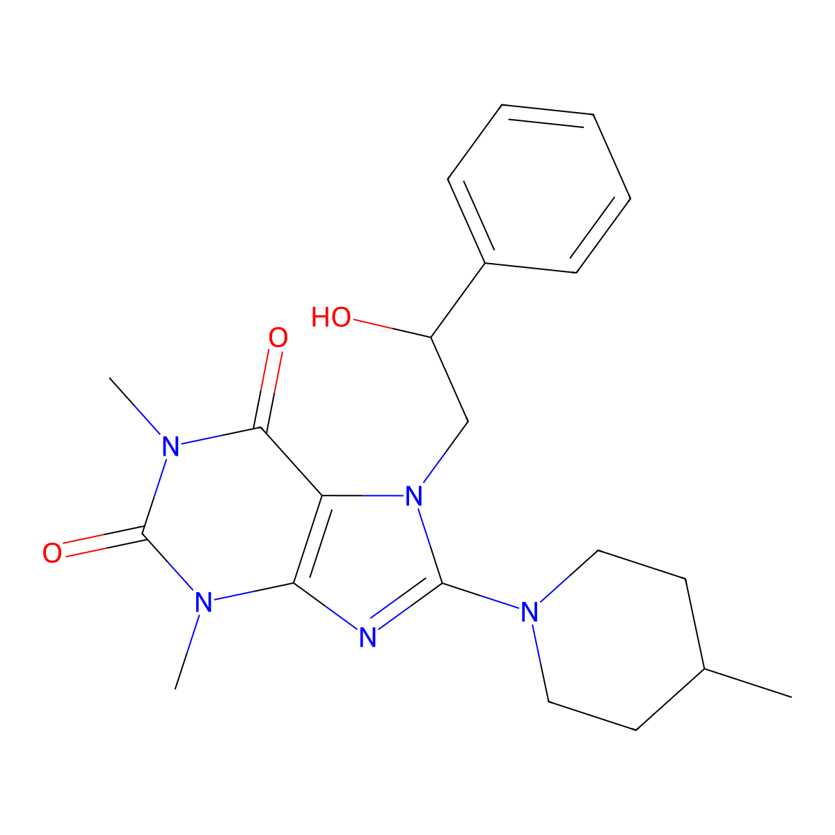 7-(2-hydroxy-2-phenylethyl)-1,3-dimethyl-8-(4-methylpiperidin-1-yl)-1H-purine-2,6(3H,7H)-dione molecular structure, CAS 1105196-97-1