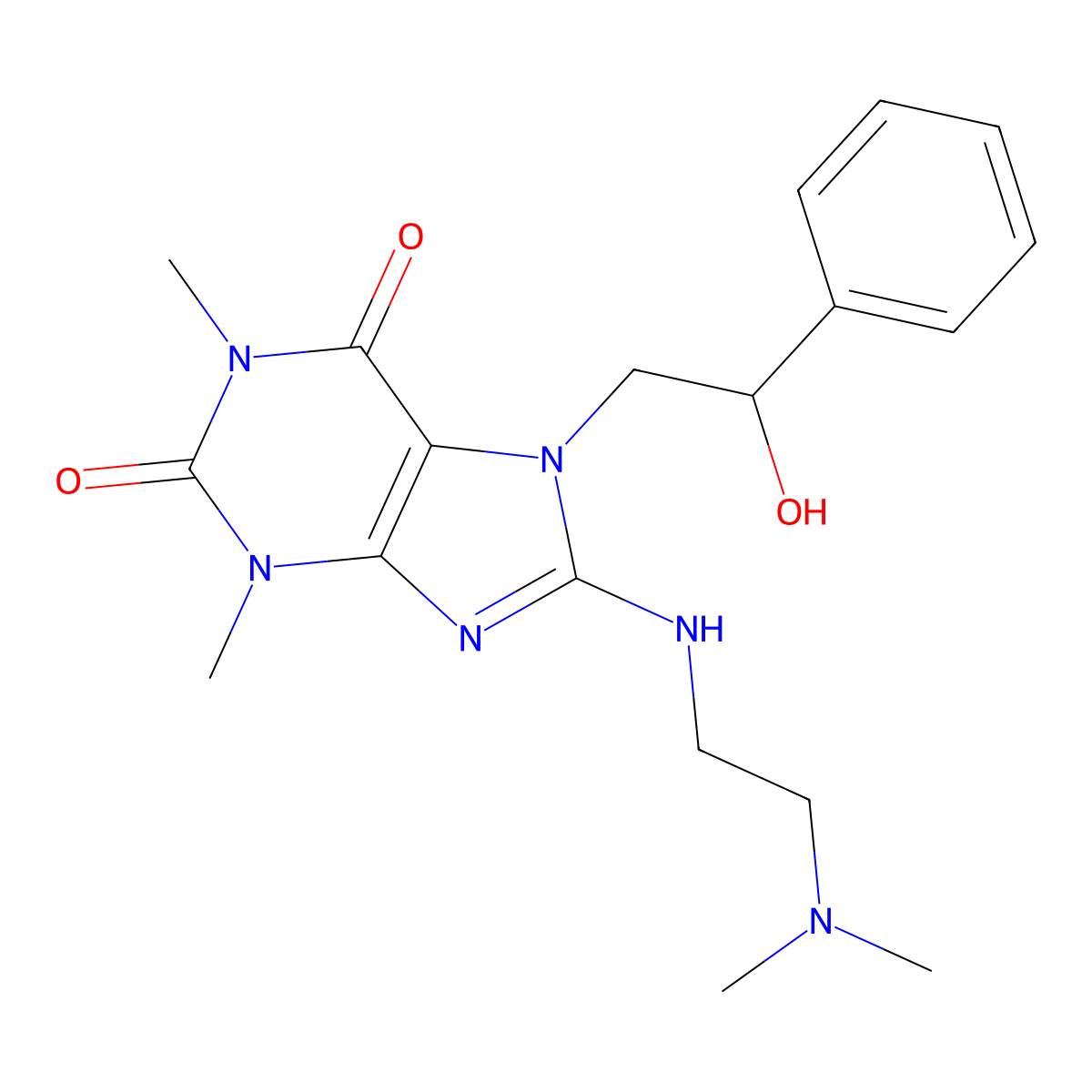 8-((2-(dimethylamino)ethyl)amino)-7-(2-hydroxy-2-phenylethyl)-1,3-dimethyl-1H-purine-2,6(3H,7H)-dione molecular structure, CAS 1105197-04-3