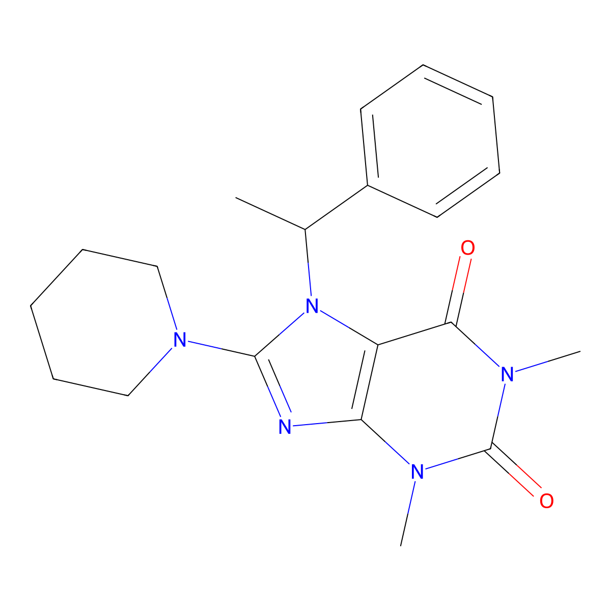 1,3-dimethyl-7-(1-phenylethyl)-8-(piperidin-1-yl)-1H-purine-2,6(3H,7H)-dione molecular structure, CAS 1105197-24-7