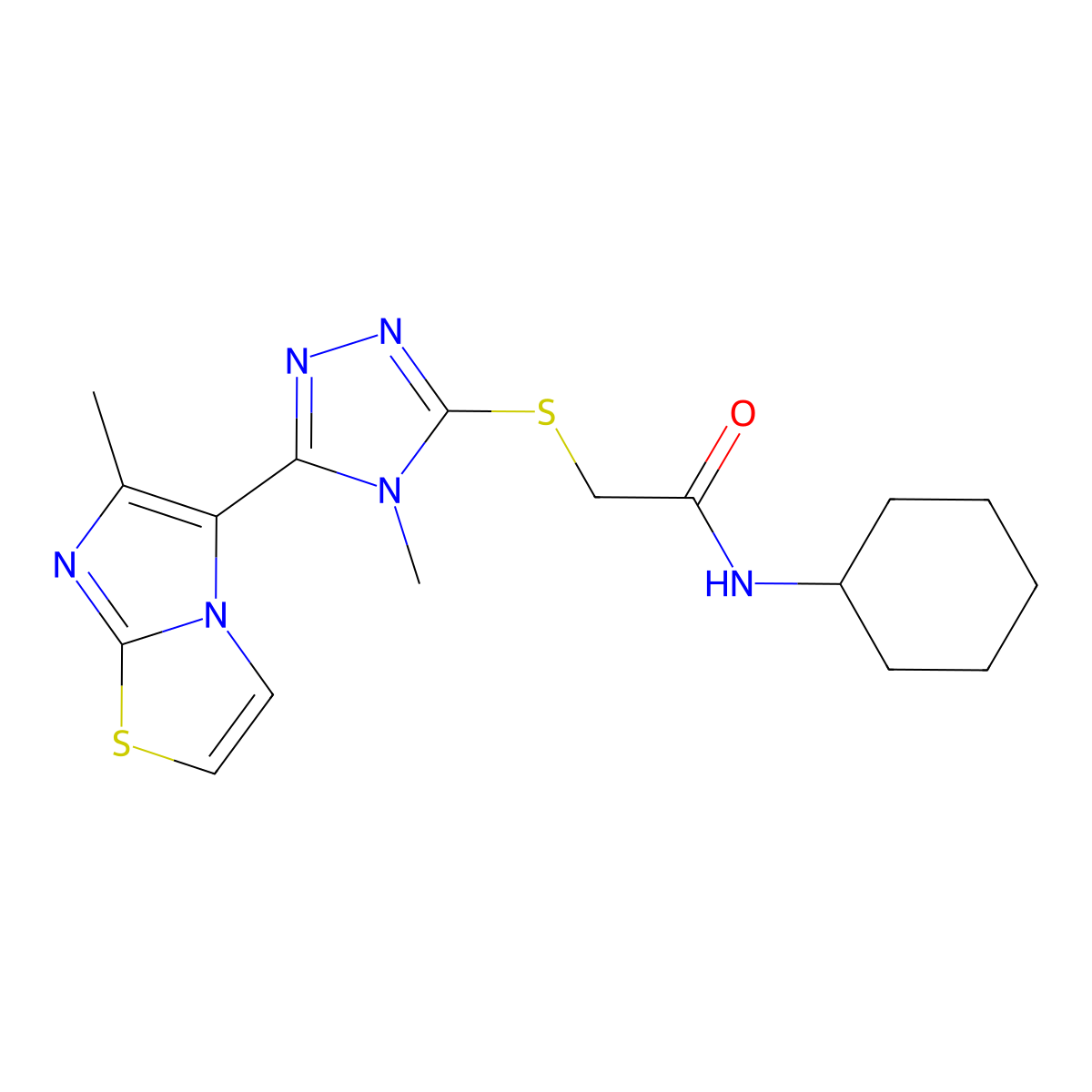 N-cyclohexyl-2-((4-methyl-5-(6-methylimidazo[2,1-b]thiazol-5-yl)-4H-1,2,4-triazol-3-yl)thio)acetamide molecular structure, CAS 1105197-27-0