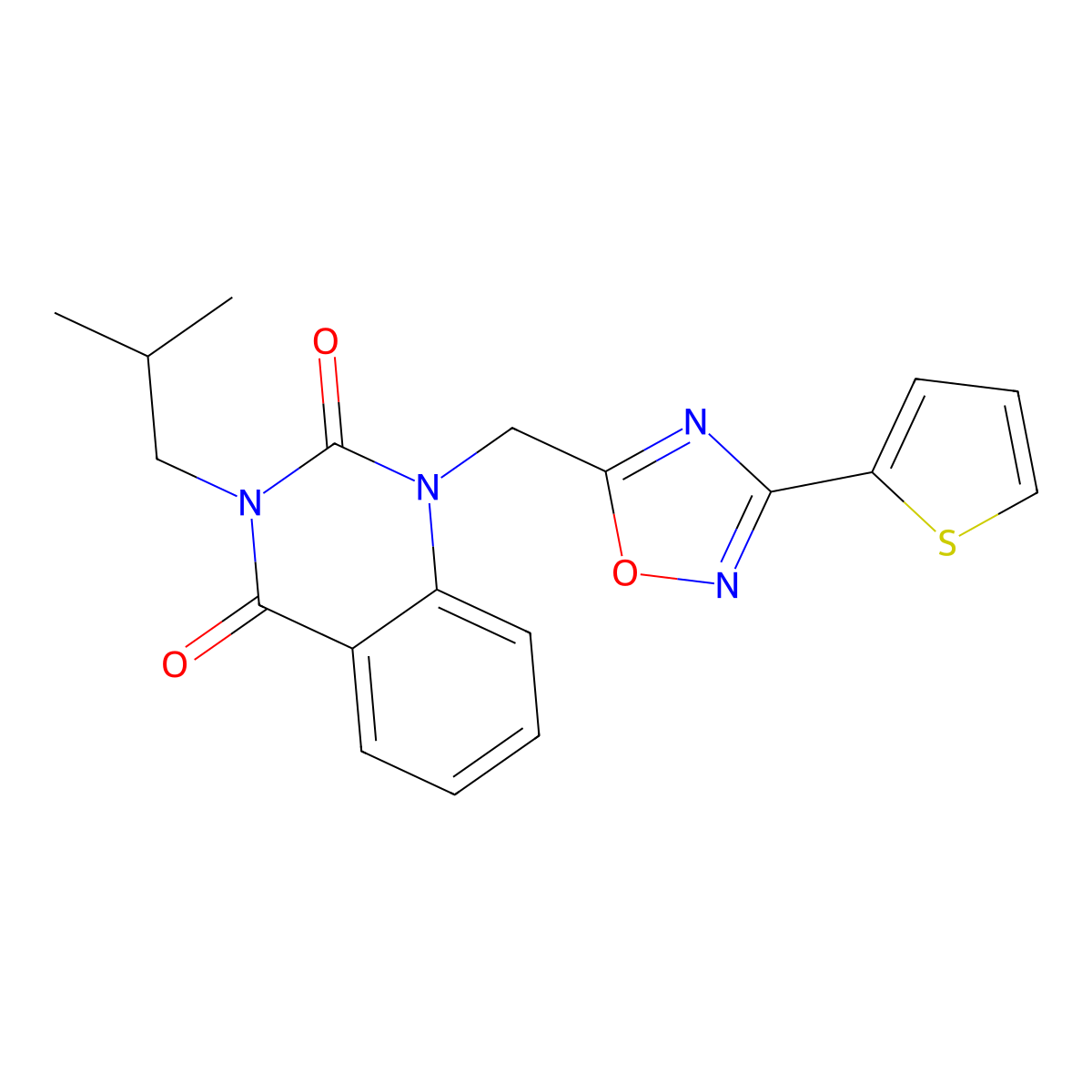 3-isobutyl-1-((3-(thiophen-2-yl)-1,2,4-oxadiazol-5-yl)methyl)quinazoline-2,4(1H,3H)-dione molecular structure, CAS 1105197-30-5