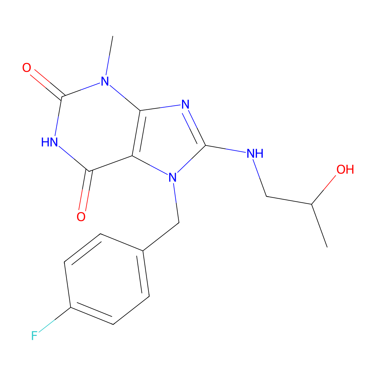 7-(4-fluorobenzyl)-8-((2-hydroxypropyl)amino)-3-methyl-1H-purine-2,6(3H,7H)-dione molecular structure, CAS 1105197-40-7