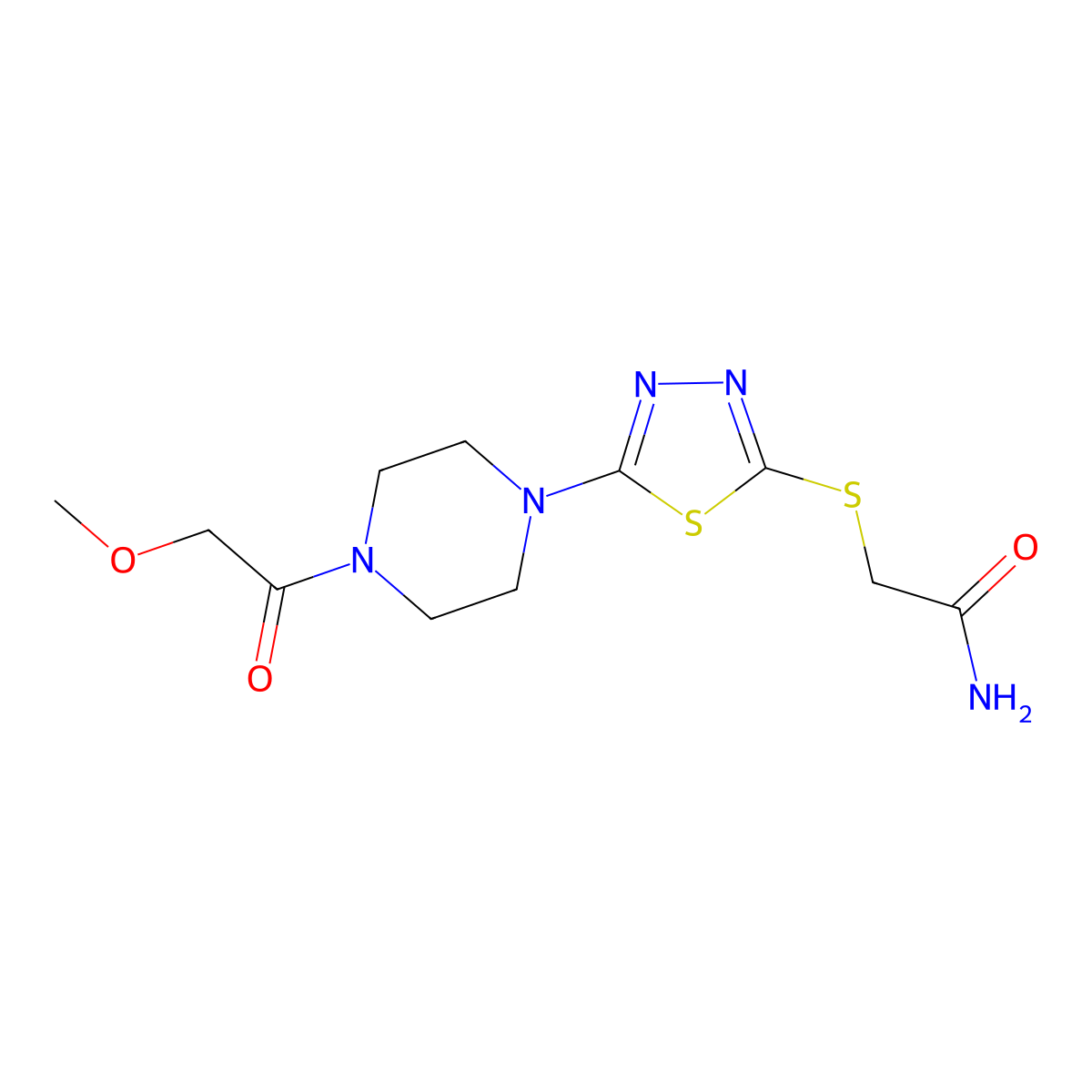 2-((5-(4-(2-Methoxyacetyl)piperazin-1-yl)-1,3,4-thiadiazol-2-yl)thio)acetamide molecular structure, CAS 1105197-55-4