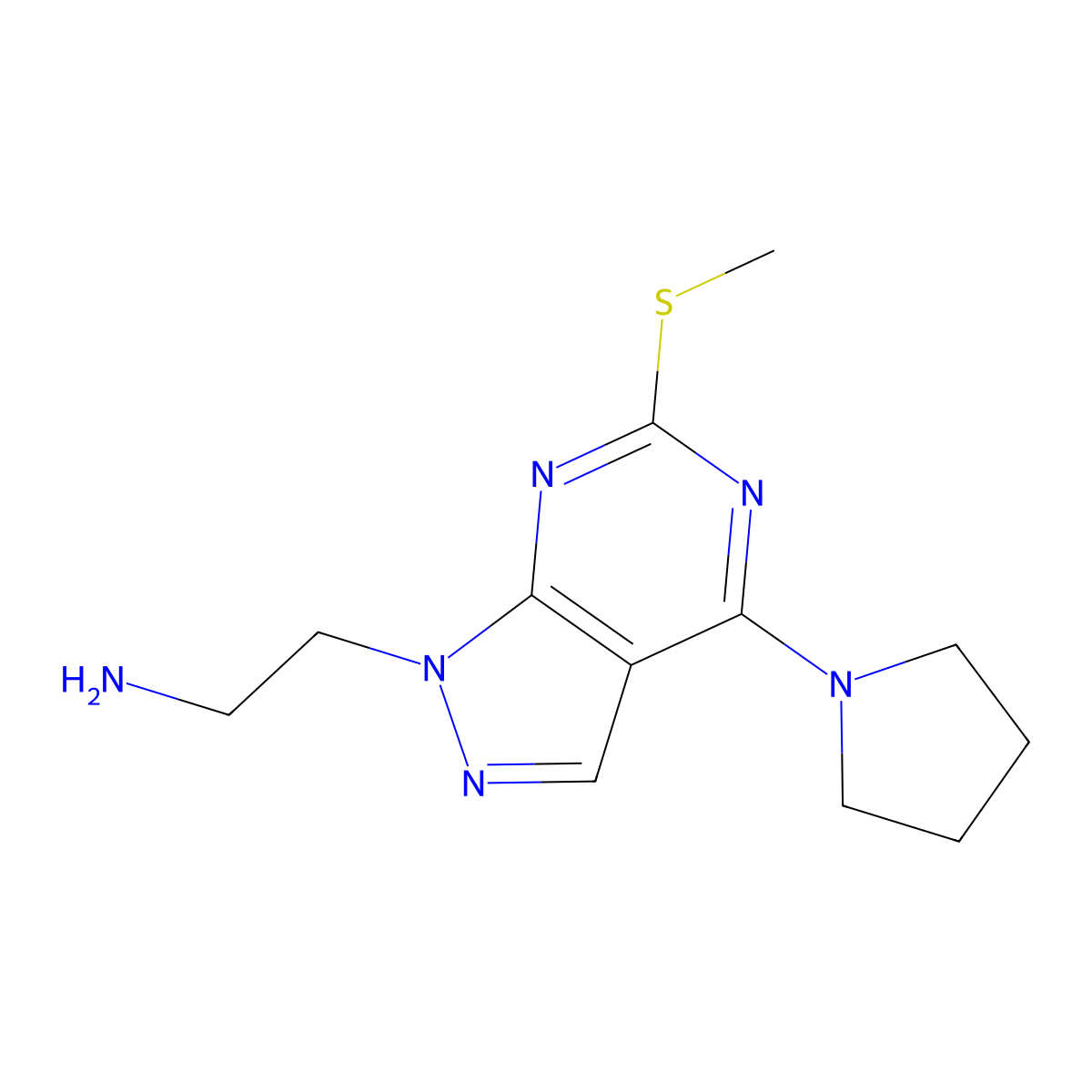 2-[6-(methylsulfanyl)-4-(pyrrolidin-1-yl)-1H-pyrazolo[3,4-d]pyrimidin-1-yl]ethan-1-amine molecular structure, CAS 1105197-61-2