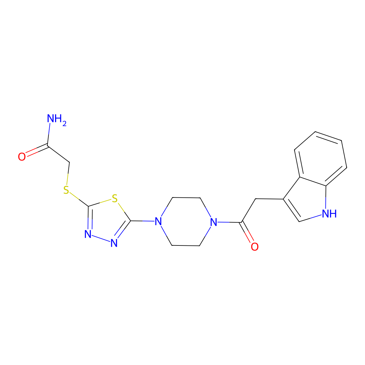 2-((5-(4-(2-(1H-indol-3-yl)acetyl)piperazin-1-yl)-1,3,4-thiadiazol-2-yl)thio)acetamide molecular structure, CAS 1105197-67-8