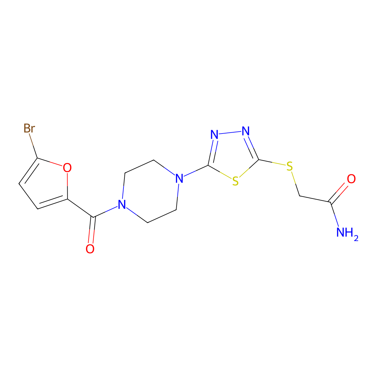 2-((5-(4-(5-Bromofuran-2-carbonyl)piperazin-1-yl)-1,3,4-thiadiazol-2-yl)thio)acetamide molecular structure, CAS 1105197-71-4