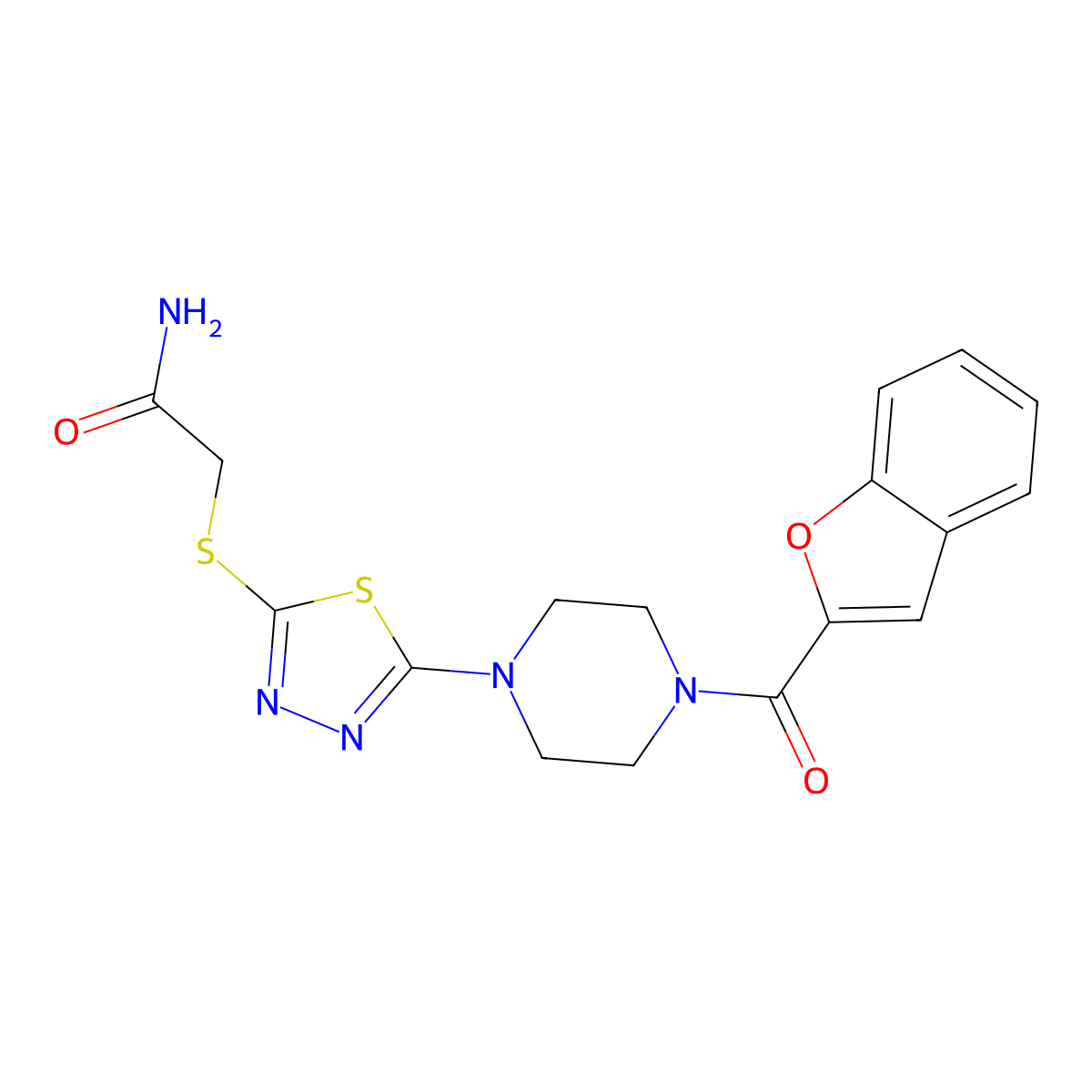 2-((5-(4-(Benzofuran-2-carbonyl)piperazin-1-yl)-1,3,4-thiadiazol-2-yl)thio)acetamide molecular structure, CAS 1105197-75-8