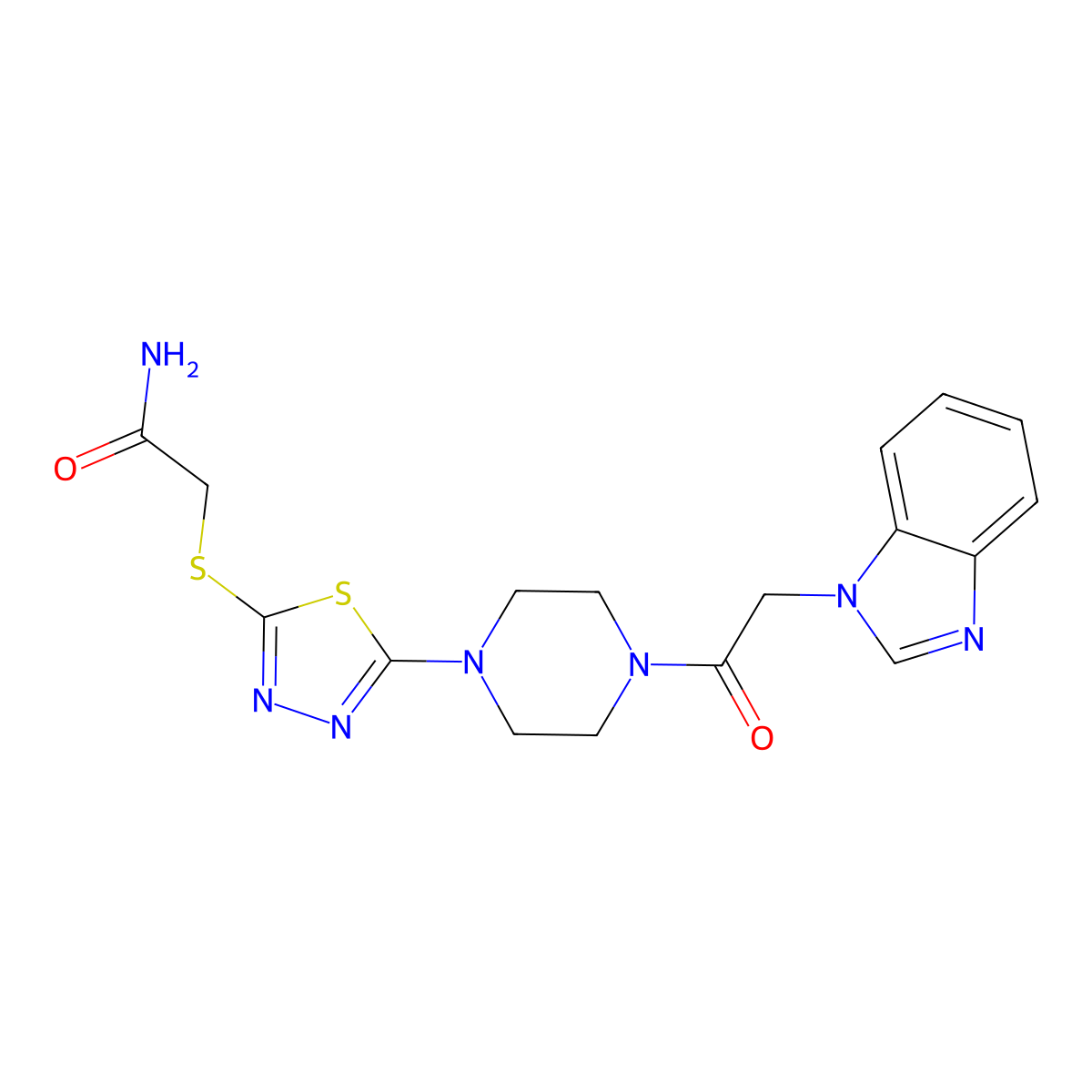 2-((5-(4-(2-(1H-benzo[d]imidazol-1-yl)acetyl)piperazin-1-yl)-1,3,4-thiadiazol-2-yl)thio)acetamide molecular structure, CAS 1105197-80-5