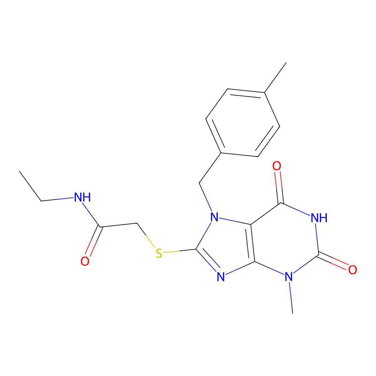 N-ethyl-2-((3-methyl-7-(4-methylbenzyl)-2,6-dioxo-2,3,6,7-tetrahydro-1H-purin-8-yl)thio)acetamide molecular structure, CAS 1105198-03-5