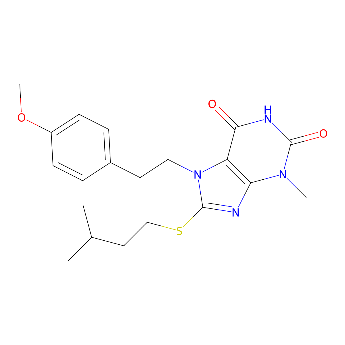8-(isopentylthio)-7-(4-methoxyphenethyl)-3-methyl-1H-purine-2,6(3H,7H)-dione molecular structure, CAS 1105198-08-0