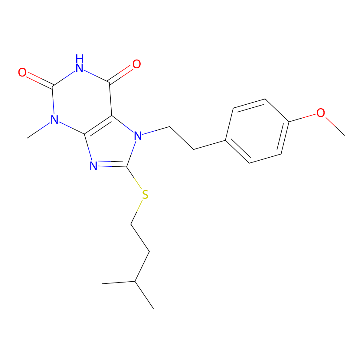 8-(isopentylthio)-7-(4-methoxyphenethyl)-3-methyl-1H-purine-2,6(3H,7H)-dione molecular structure, CAS 1105198-08-0