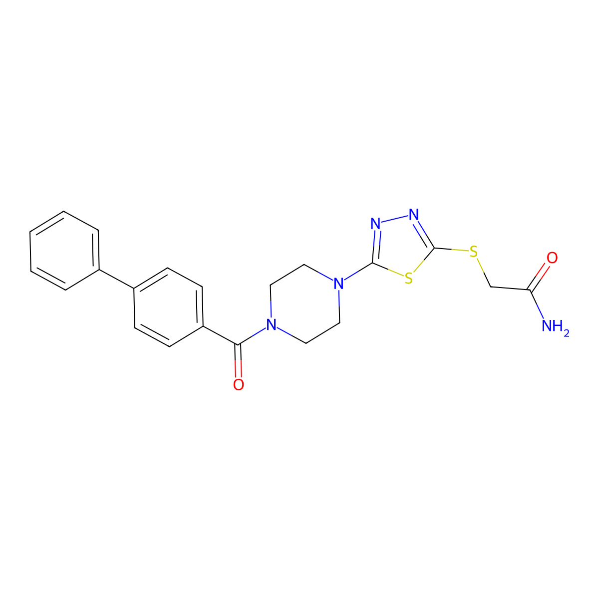 2-((5-(4-([1,1'-Biphenyl]-4-carbonyl)piperazin-1-yl)-1,3,4-thiadiazol-2-yl)thio)acetamide molecular structure, CAS 1105198-10-4