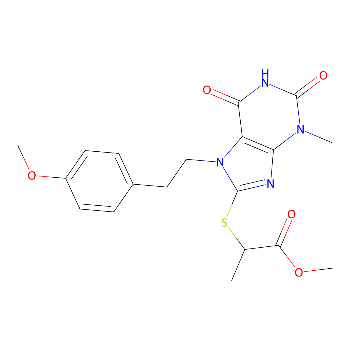 methyl 2-((7-(4-methoxyphenethyl)-3-methyl-2,6-dioxo-2,3,6,7-tetrahydro-1H-purin-8-yl)thio)propanoate molecular structure, CAS 1105198-13-7