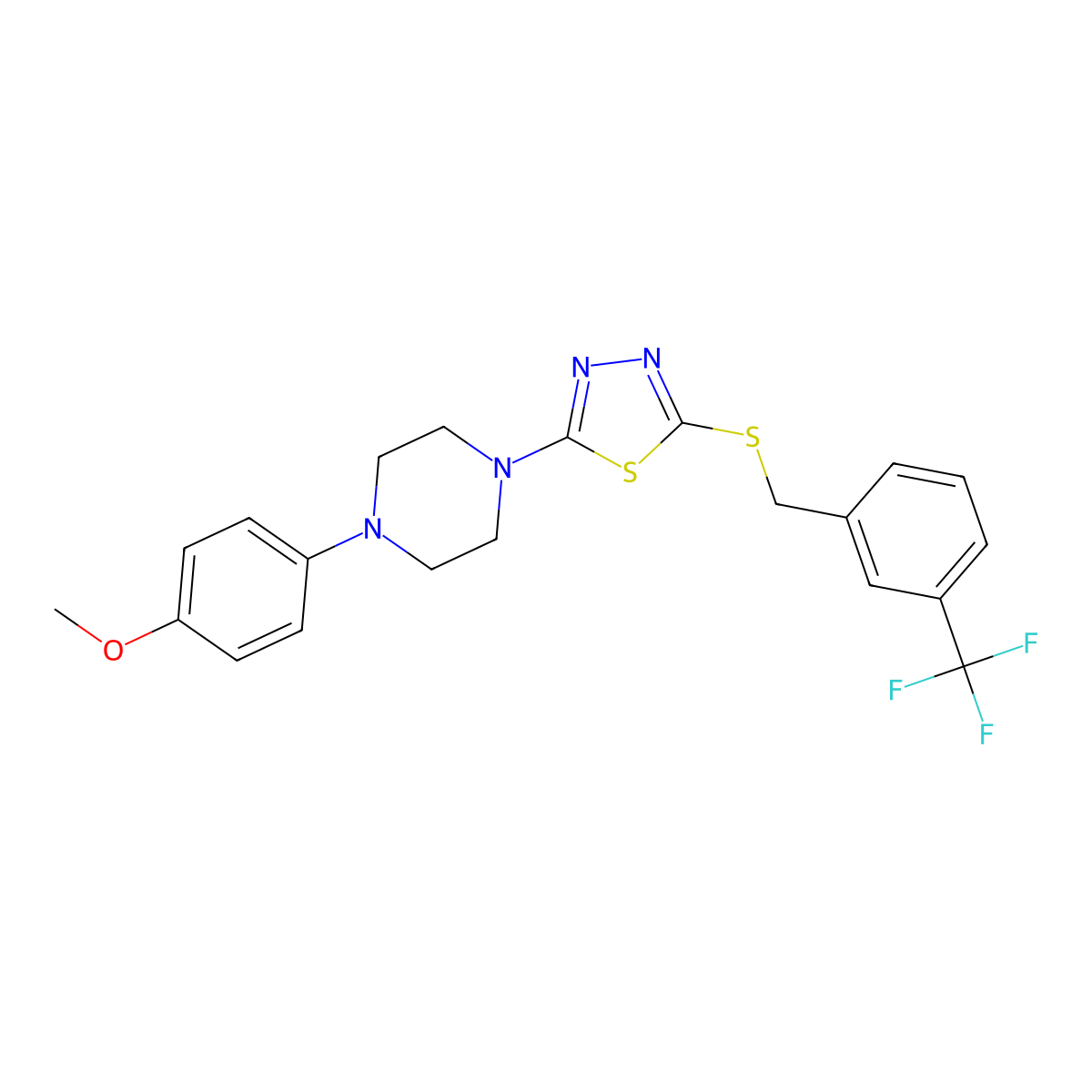 2-(4-(4-Methoxyphenyl)piperazin-1-yl)-5-((3-(trifluoromethyl)benzyl)thio)-1,3,4-thiadiazole molecular structure, CAS 1105198-17-1