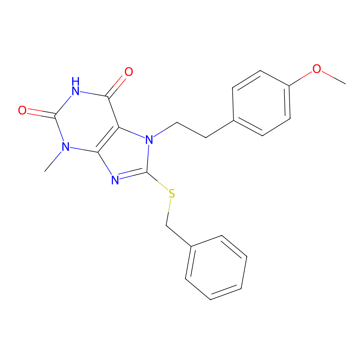 8-(benzylthio)-7-(4-methoxyphenethyl)-3-methyl-1H-purine-2,6(3H,7H)-dione molecular structure, CAS 1105198-18-2