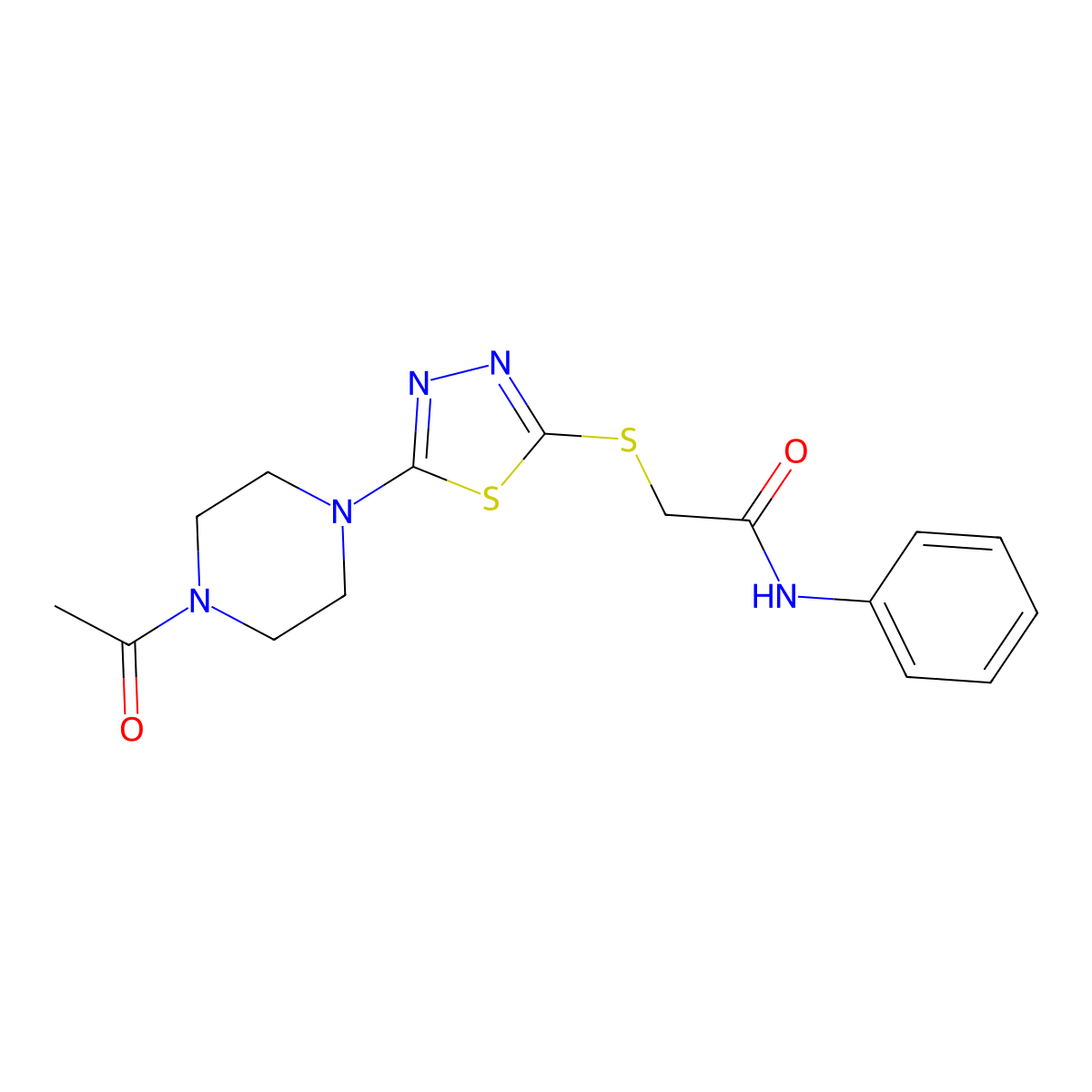 2-((5-(4-acetylpiperazin-1-yl)-1,3,4-thiadiazol-2-yl)thio)-N-phenylacetamide molecular structure, CAS 1105198-20-6