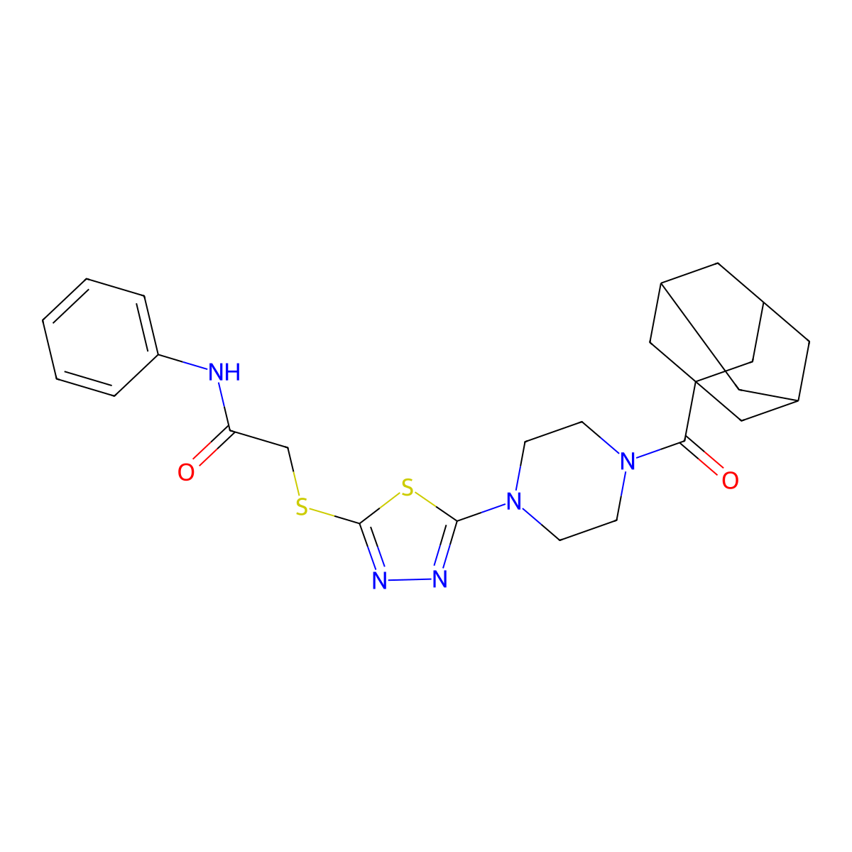2-({5-[4-(adamantane-1-carbonyl)piperazin-1-yl]-1,3,4-thiadiazol-2-yl}sulfanyl)-N-phenylacetamide molecular structure, CAS 1105198-25-1