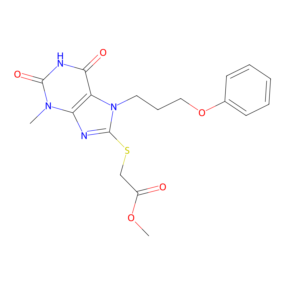 methyl 2-((3-methyl-2,6-dioxo-7-(3-phenoxypropyl)-2,3,6,7-tetrahydro-1H-purin-8-yl)thio)acetate molecular structure, CAS 1105198-33-1