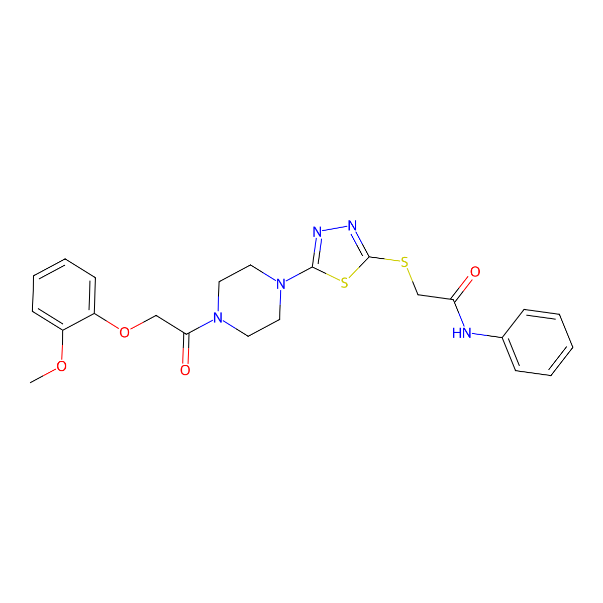 2-((5-(4-(2-(2-methoxyphenoxy)acetyl)piperazin-1-yl)-1,3,4-thiadiazol-2-yl)thio)-N-phenylacetamide molecular structure, CAS 1105198-35-3