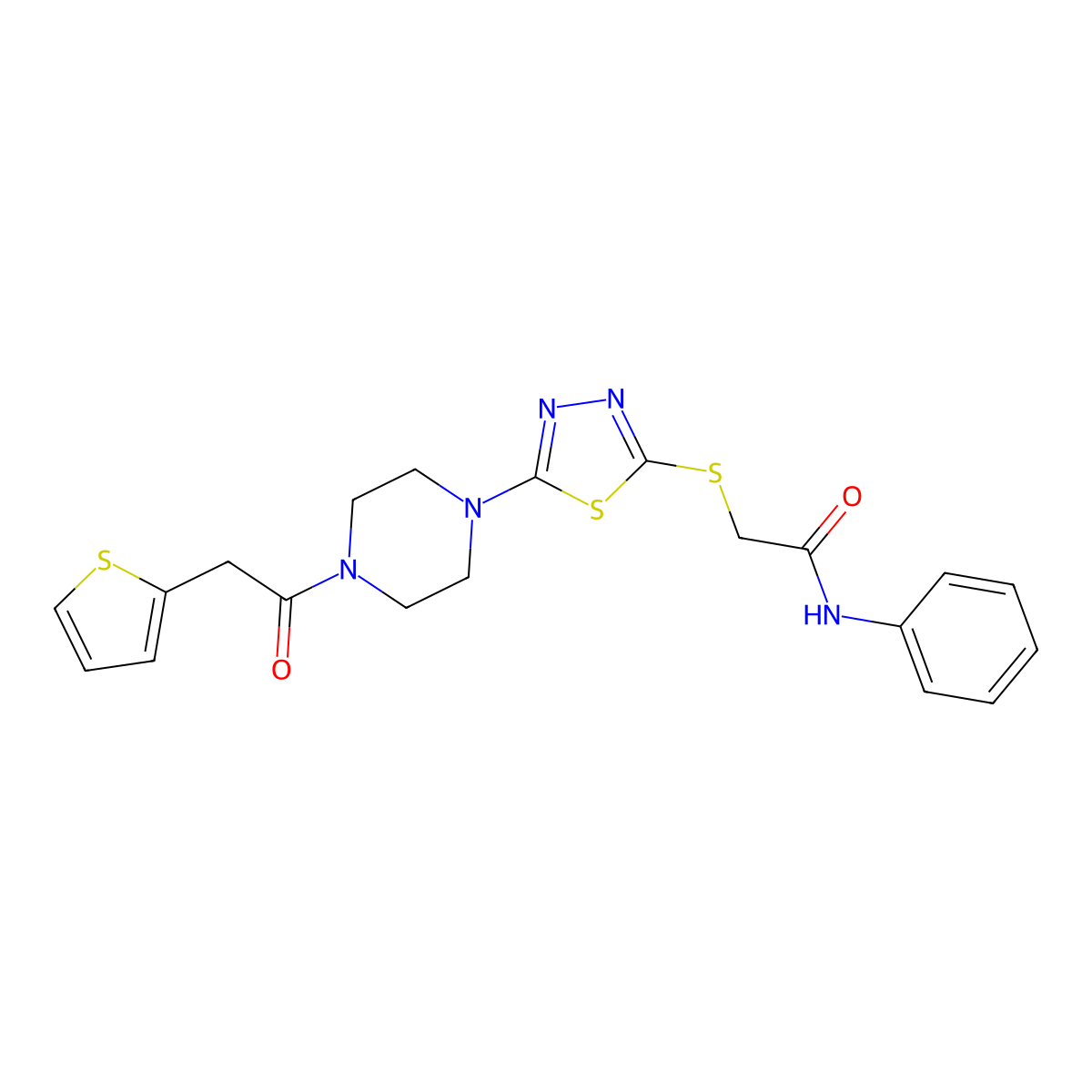 N-phenyl-2-((5-(4-(2-(thiophen-2-yl)acetyl)piperazin-1-yl)-1,3,4-thiadiazol-2-yl)thio)acetamide molecular structure, CAS 1105198-40-0