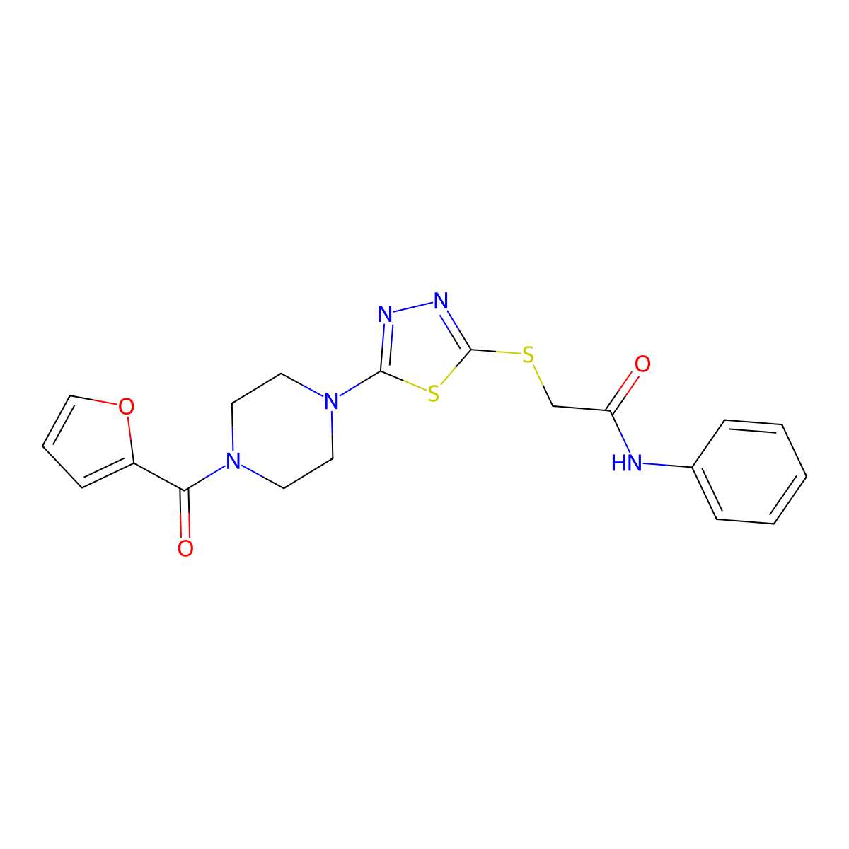2-((5-(4-(furan-2-carbonyl)piperazin-1-yl)-1,3,4-thiadiazol-2-yl)thio)-N-phenylacetamide molecular structure, CAS 1105198-45-5