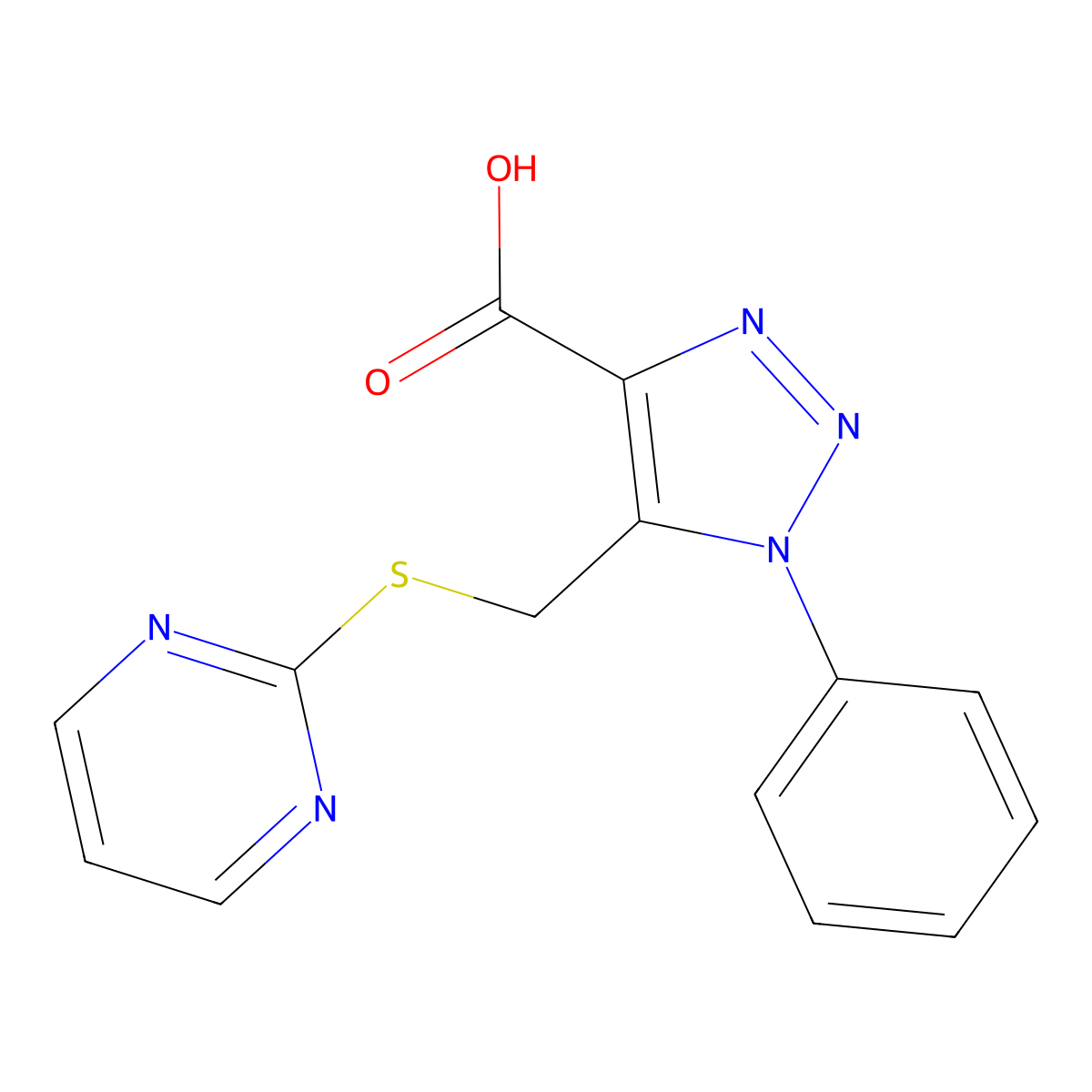1-phenyl-5-((pyrimidin-2-ylthio)methyl)-1H-1,2,3-triazole-4-carboxylic acid molecular structure, CAS 1105198-52-4