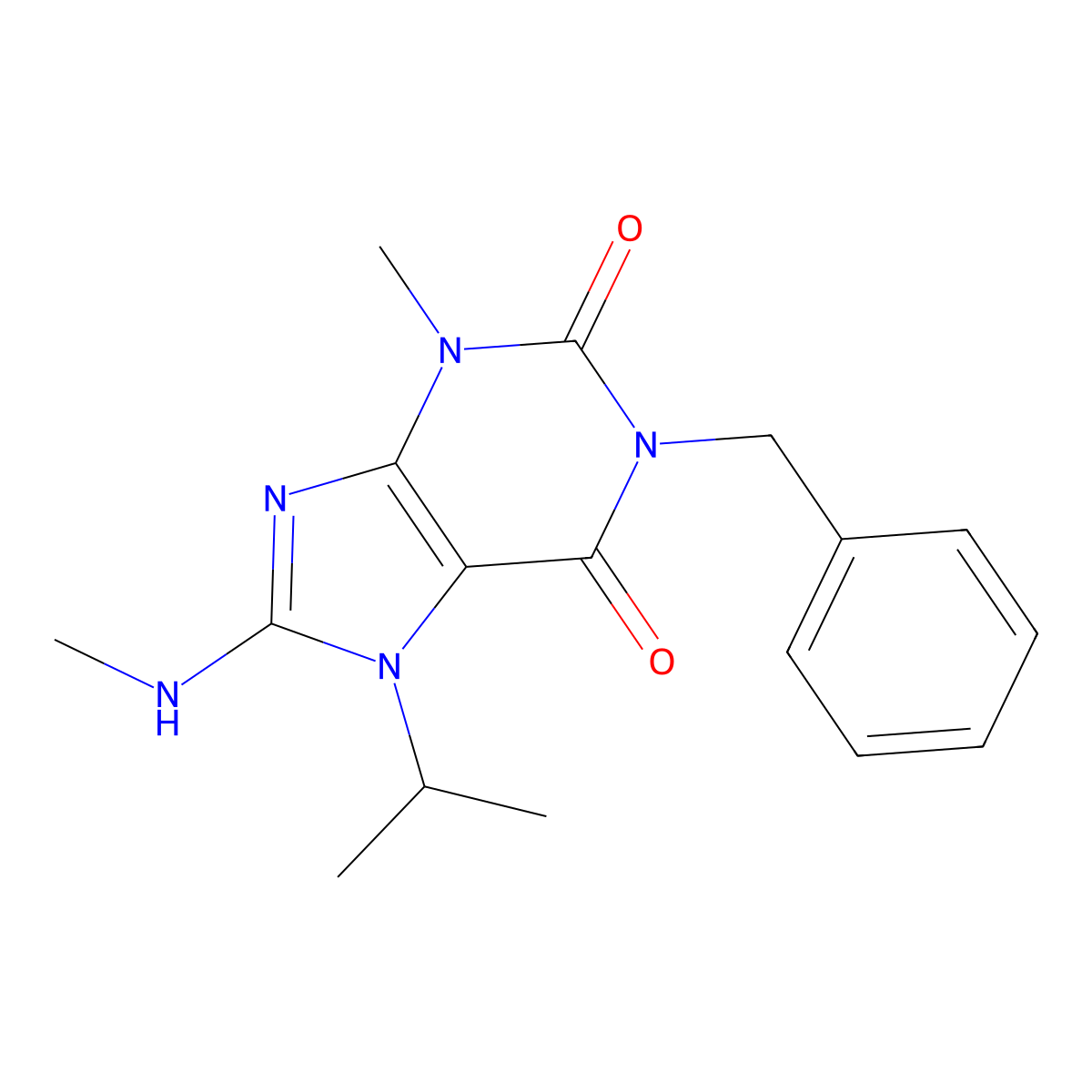 1-benzyl-7-isopropyl-3-methyl-8-(methylamino)-1H-purine-2,6(3H,7H)-dione molecular structure, CAS 1105198-54-6