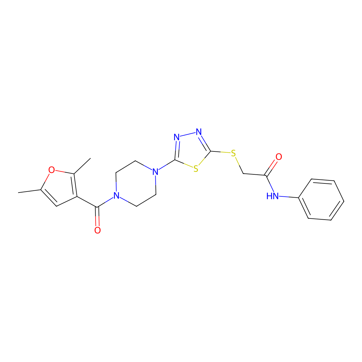 2-((5-(4-(2,5-dimethylfuran-3-carbonyl)piperazin-1-yl)-1,3,4-thiadiazol-2-yl)thio)-N-phenylacetamide molecular structure, CAS 1105198-57-9
