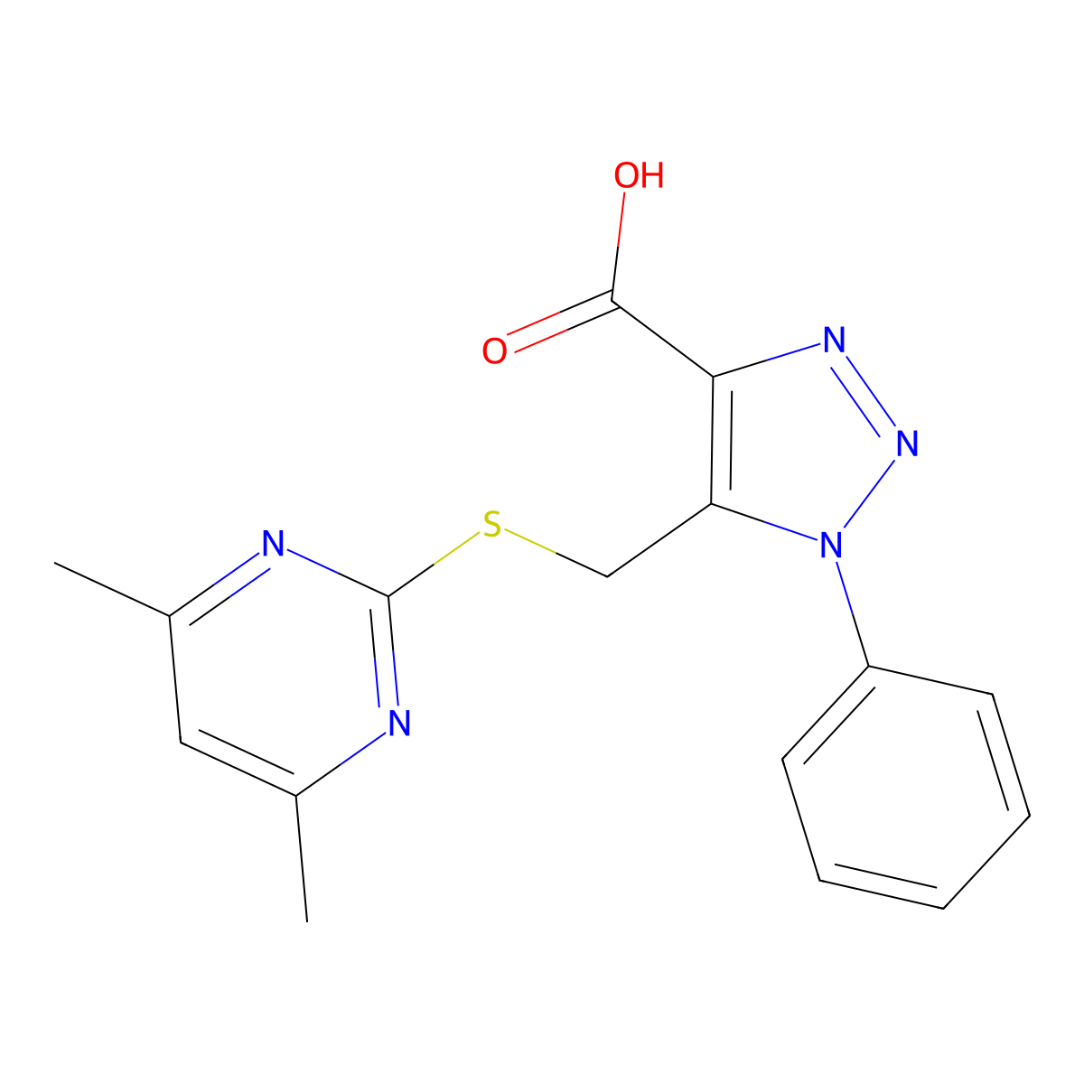 5-(((4,6-dimethylpyrimidin-2-yl)thio)methyl)-1-phenyl-1H-1,2,3-triazole-4-carboxylic acid molecular structure, CAS 1105198-58-0
