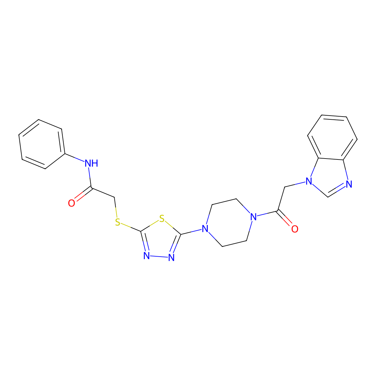 2-((5-(4-(2-(1H-benzo[d]imidazol-1-yl)acetyl)piperazin-1-yl)-1,3,4-thiadiazol-2-yl)thio)-N-phenylacetamide molecular structure, CAS 1105198-63-7