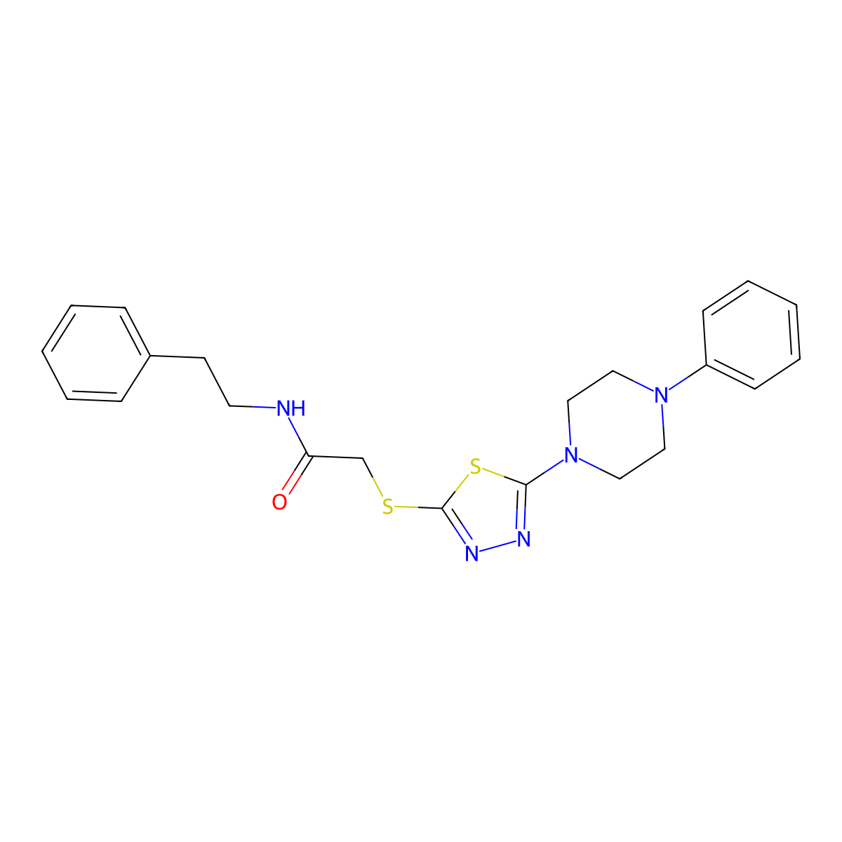N-phenethyl-2-((5-(4-phenylpiperazin-1-yl)-1,3,4-thiadiazol-2-yl)thio)acetamide molecular structure, CAS 1105198-65-9